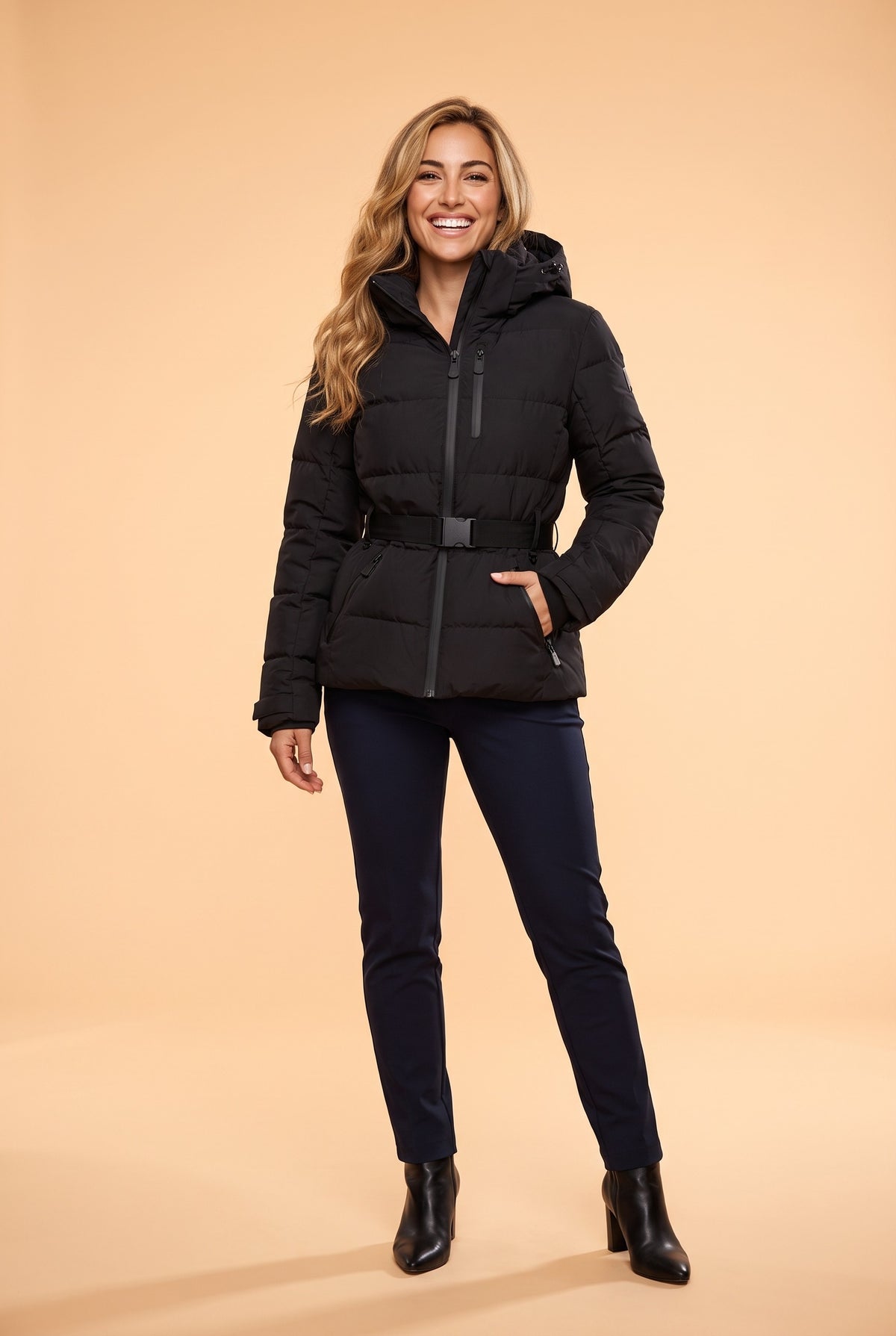 KAIA Belted Hooded Puffer Jacket in black, front