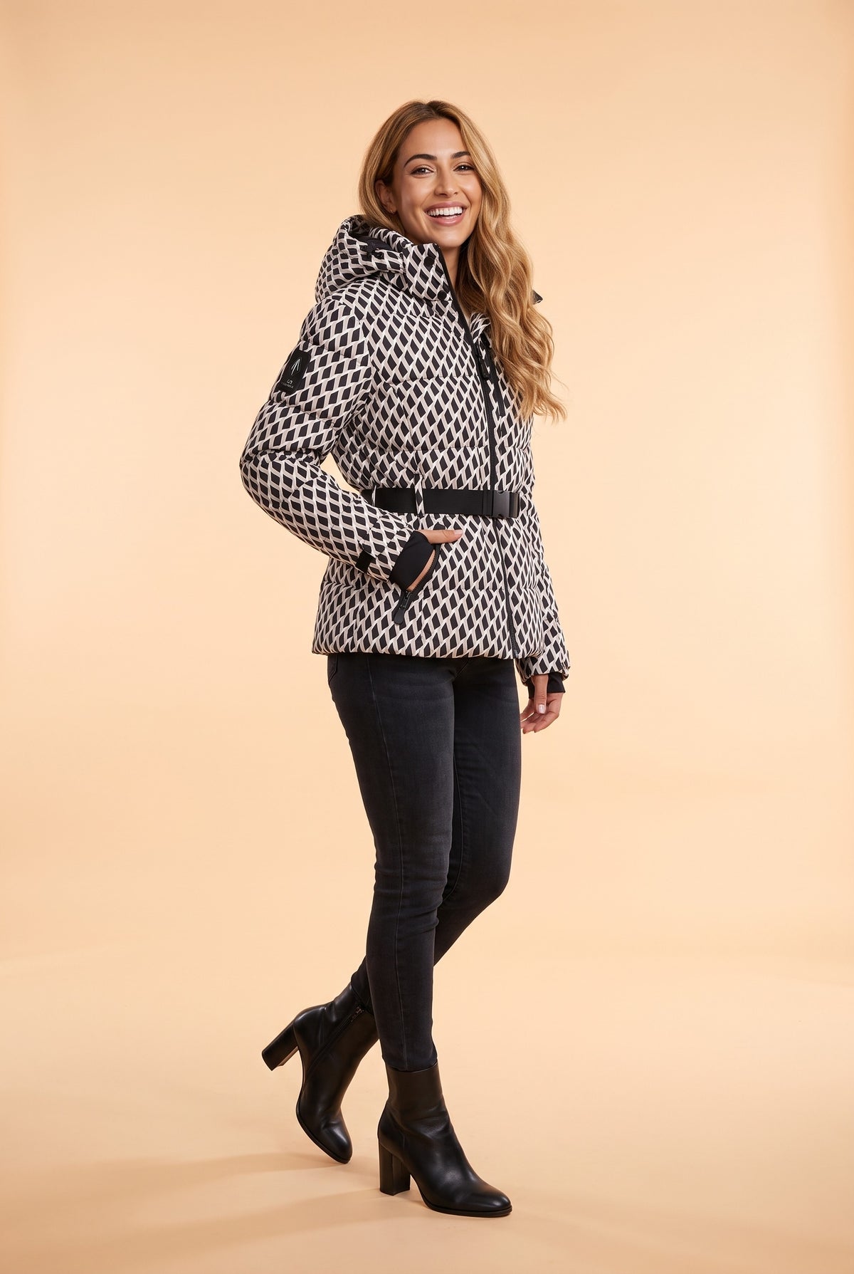 KAIA Belted Hooded Puffer Jacket in lattice, front