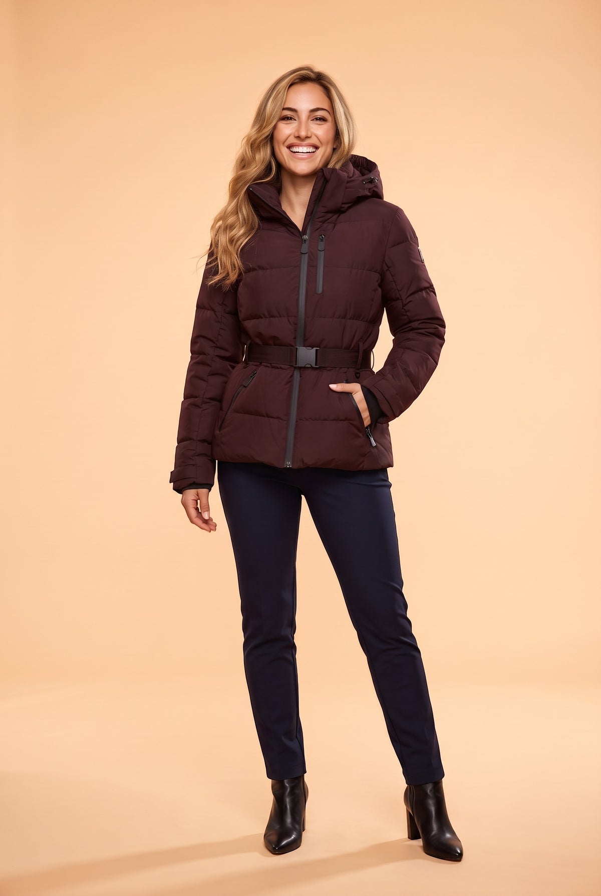 KAIA Belted Hooded Puffer Jacket in burgundy, front