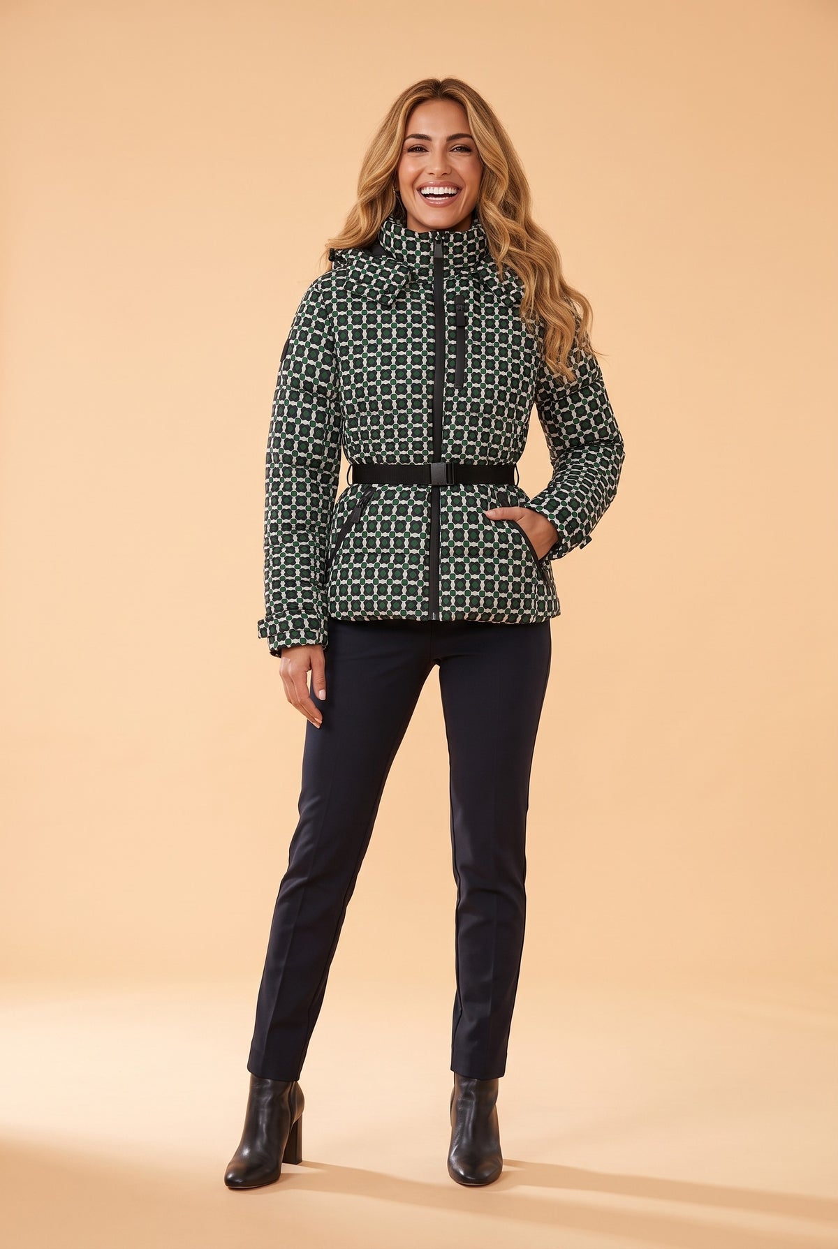 KAIA Belted Hooded Puffer Jacket in green, front