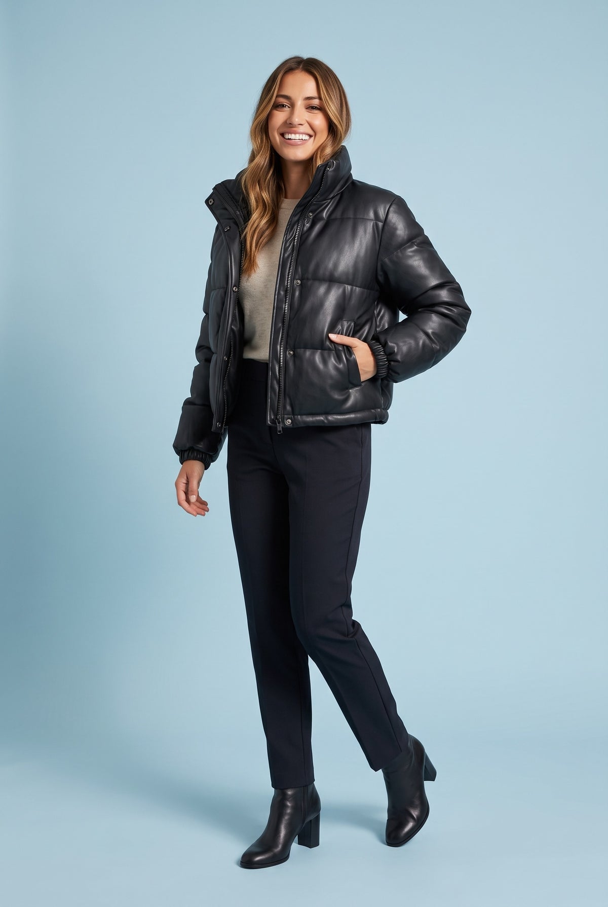 KEIRA Faux Leather Cropped Puffer Jacket in black, front