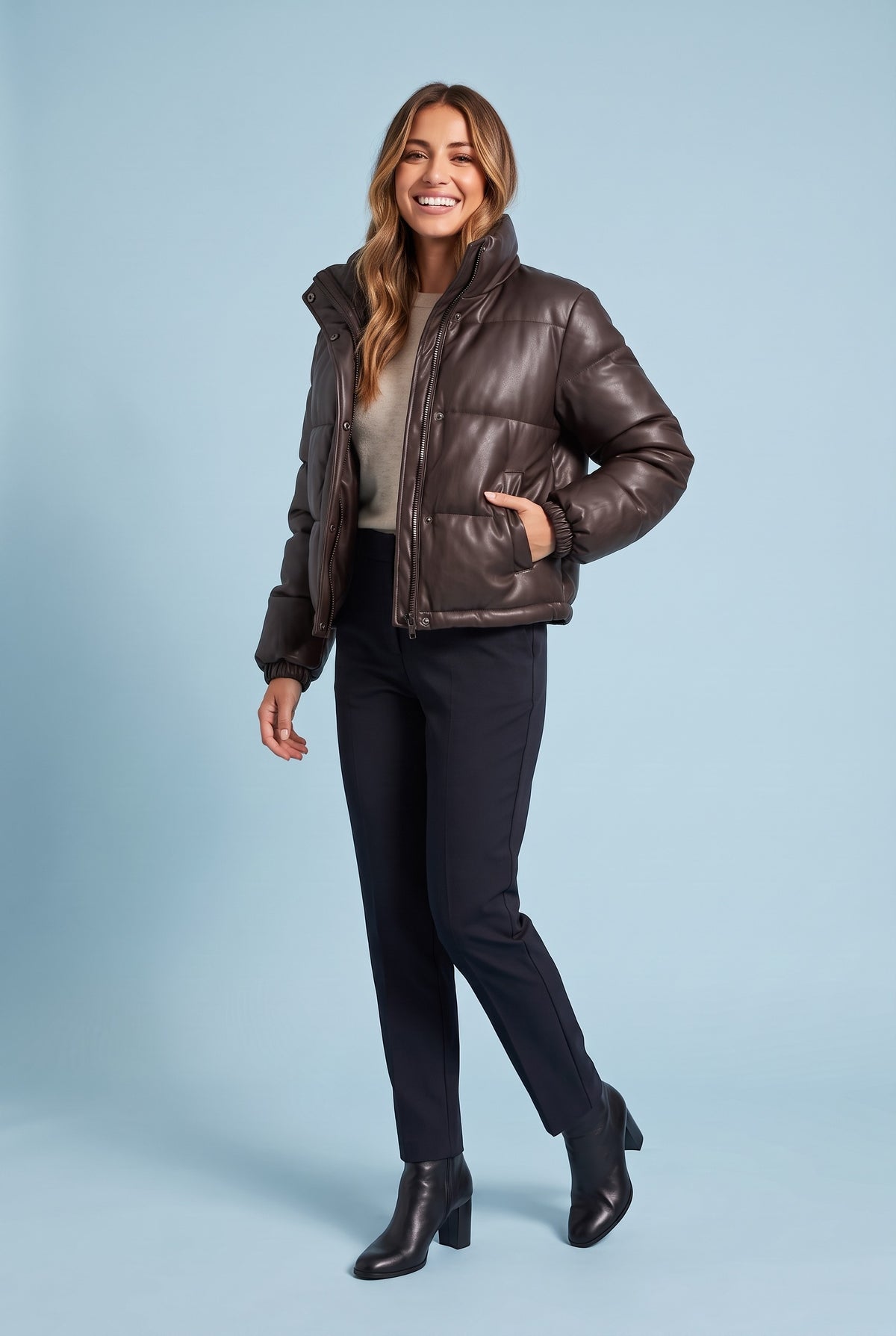 KEIRA Faux Leather Cropped Puffer Jacket in coffee, front