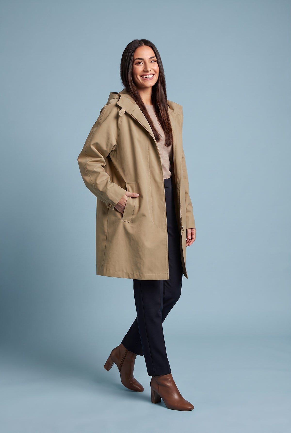 KENNEDY Hooded Oversized Trench Coat in khaki, front