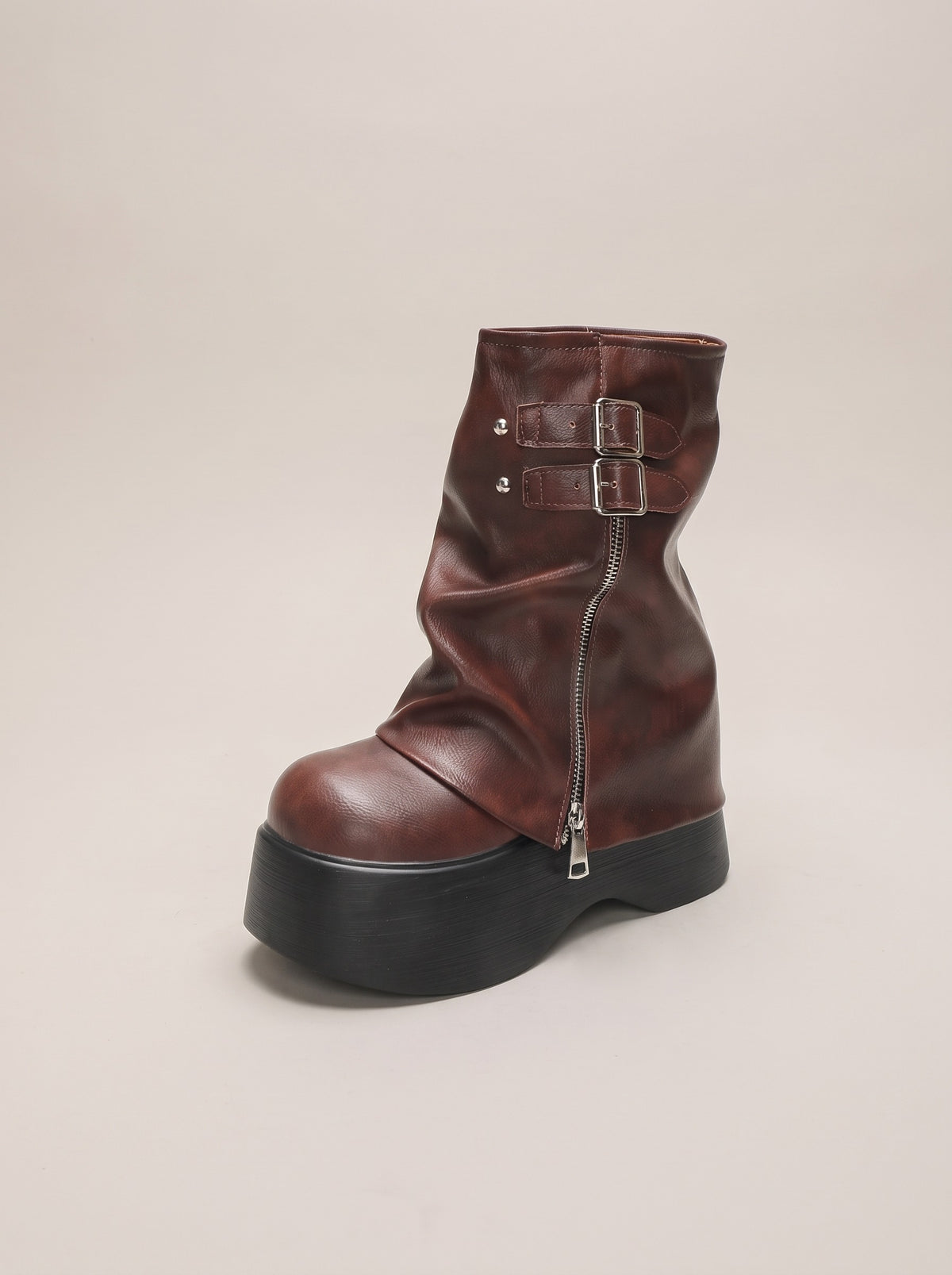 KINSLEY Chunky Platform Buckle Ankle Boots in brown, front