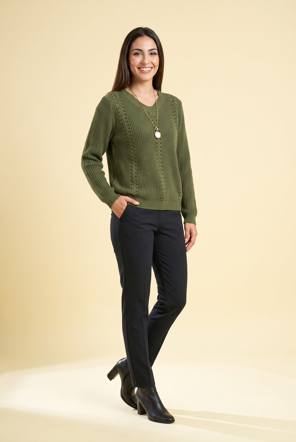 LAILA Pointelle Knit Crew Neck Jumper in olive, front
