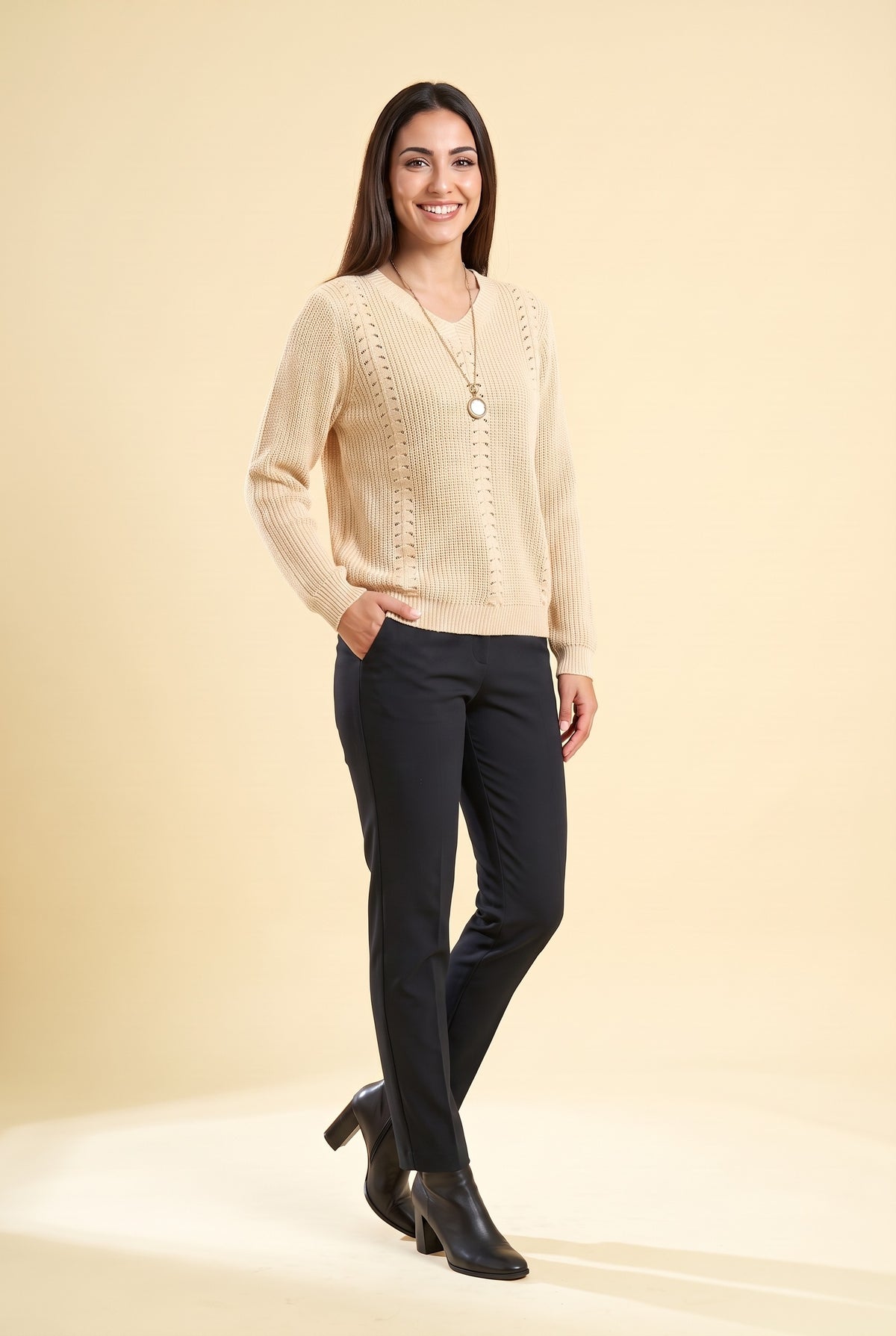 LAILA Pointelle Knit Crew Neck Jumper in cream, front