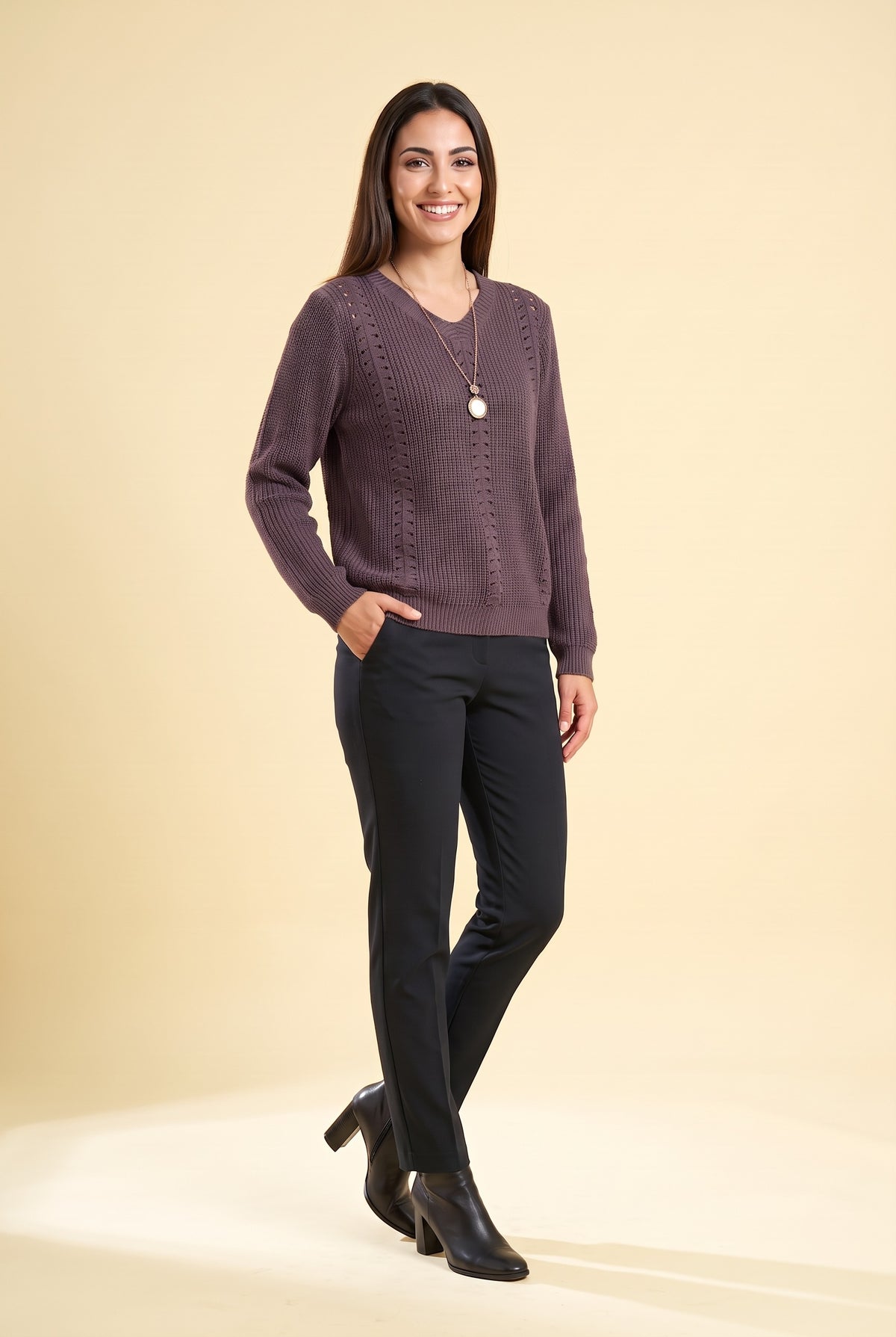 LAILA Pointelle Knit Crew Neck Jumper in purple, front