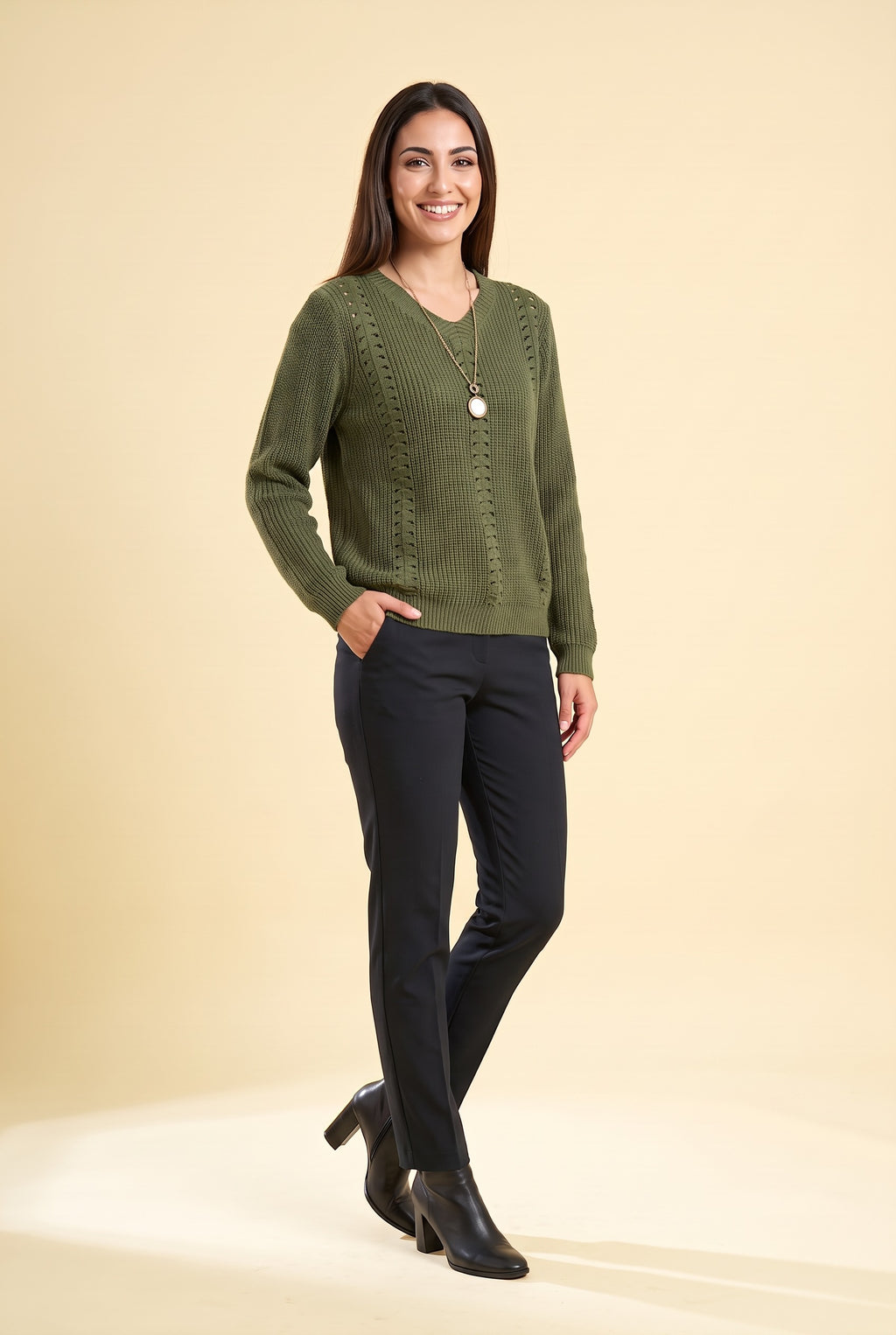 LAILA Pointelle Knit Crew Neck Jumper in green, front