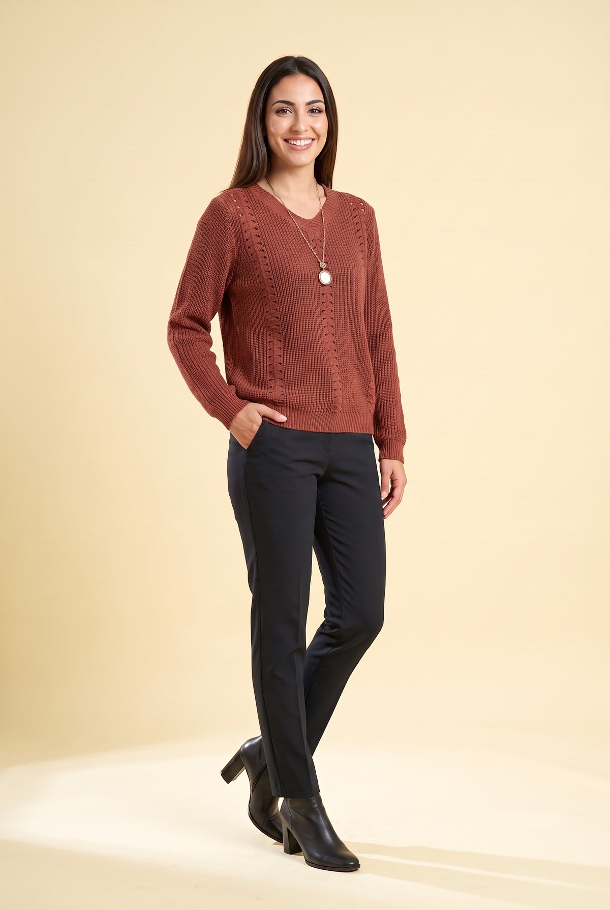 LAILA Pointelle Knit Crew Neck Jumper in red, front