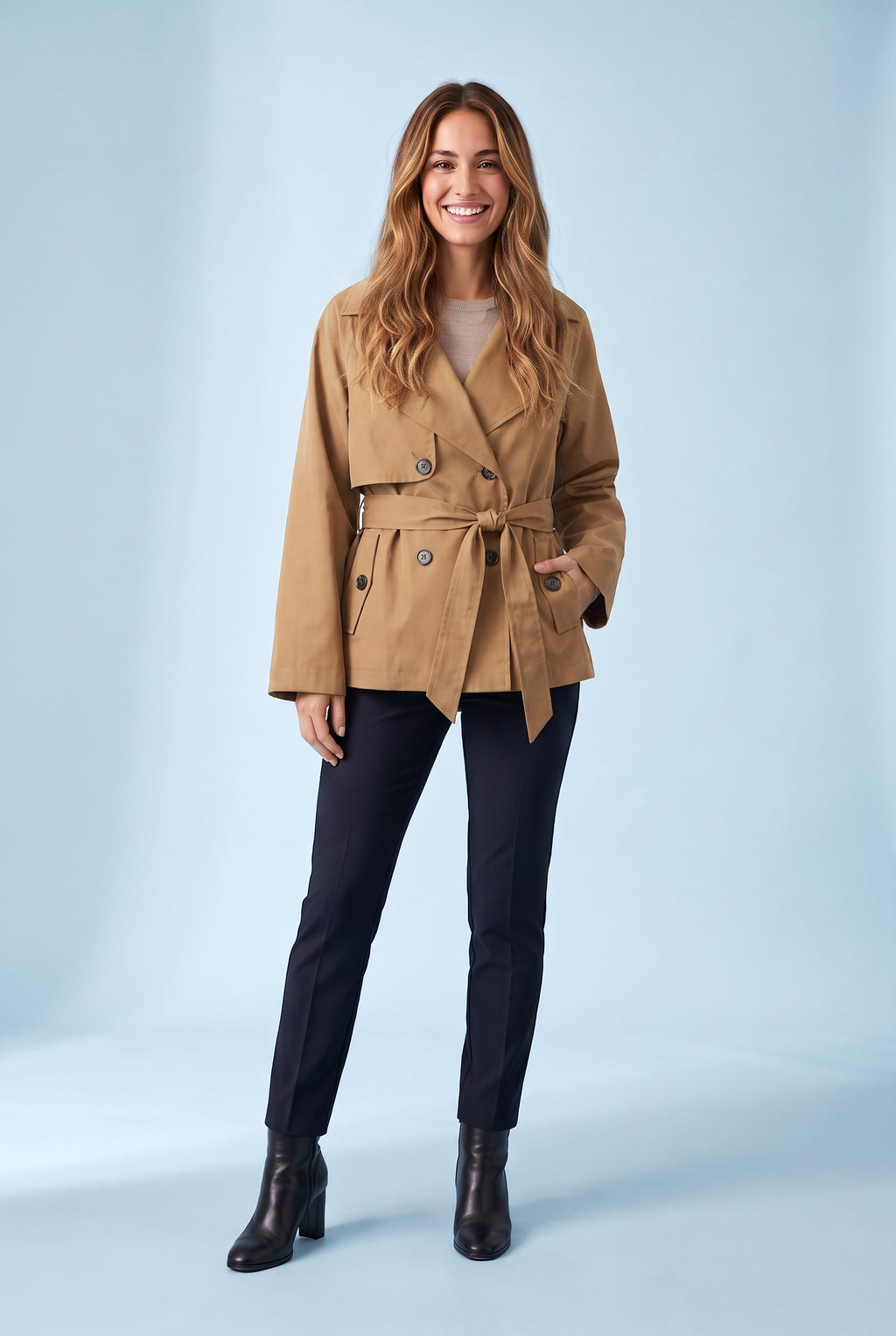 LEIA Belted Short Trench Jacket in camel, front