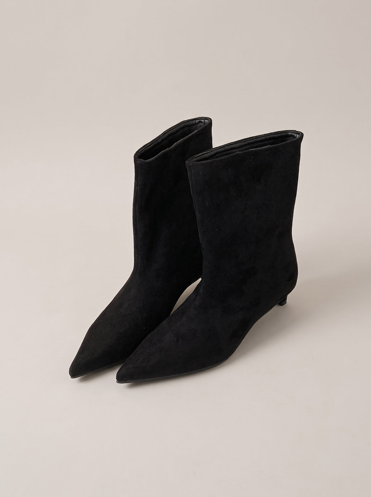 LEIGHTON Pointed Toe Faux Suede Kitten Heel Ankle Boots in black, front