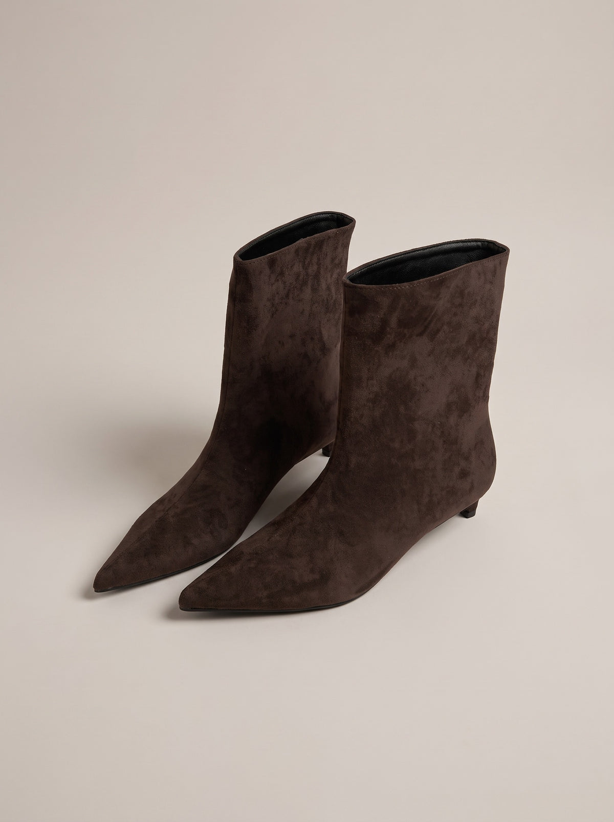 LEIGHTON Pointed Toe Faux Suede Kitten Heel Ankle Boots in coffee, front
