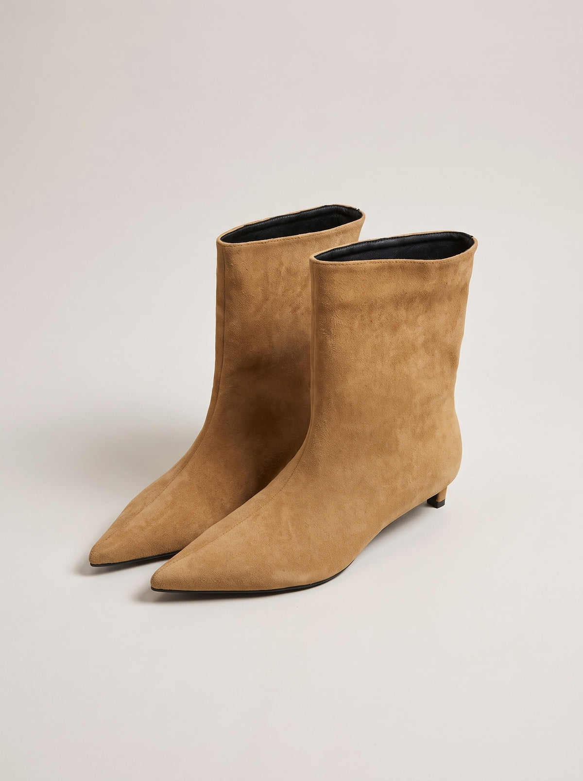 LEIGHTON Pointed Toe Faux Suede Kitten Heel Ankle Boots in light brown, front