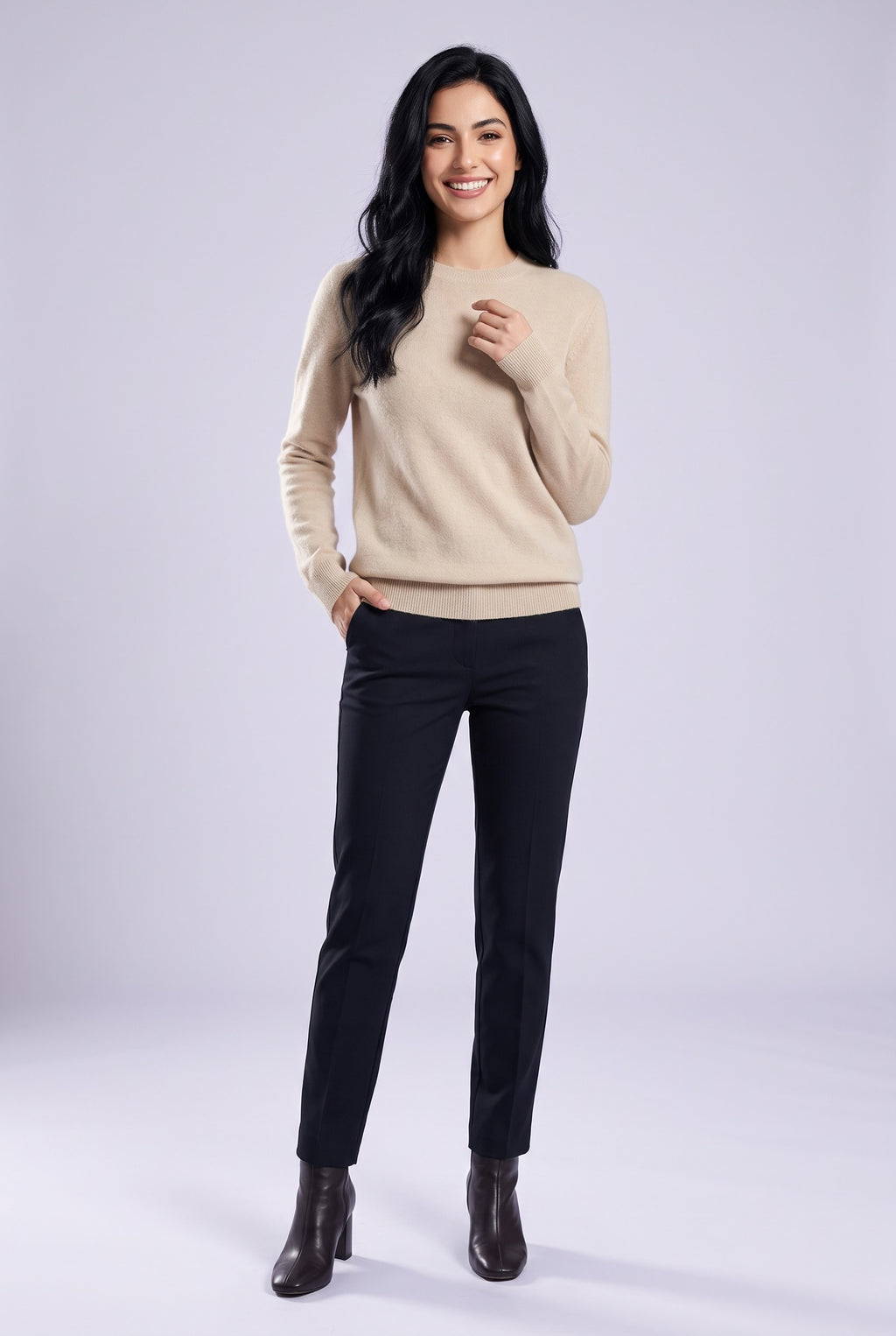 LEILANI Merino Wool Crew Neck Jumper in cream, front