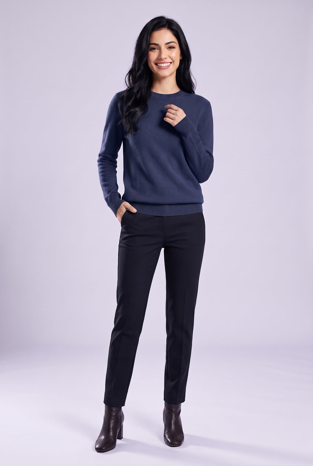 LEILANI Merino Wool Crew Neck Jumper in navy, front