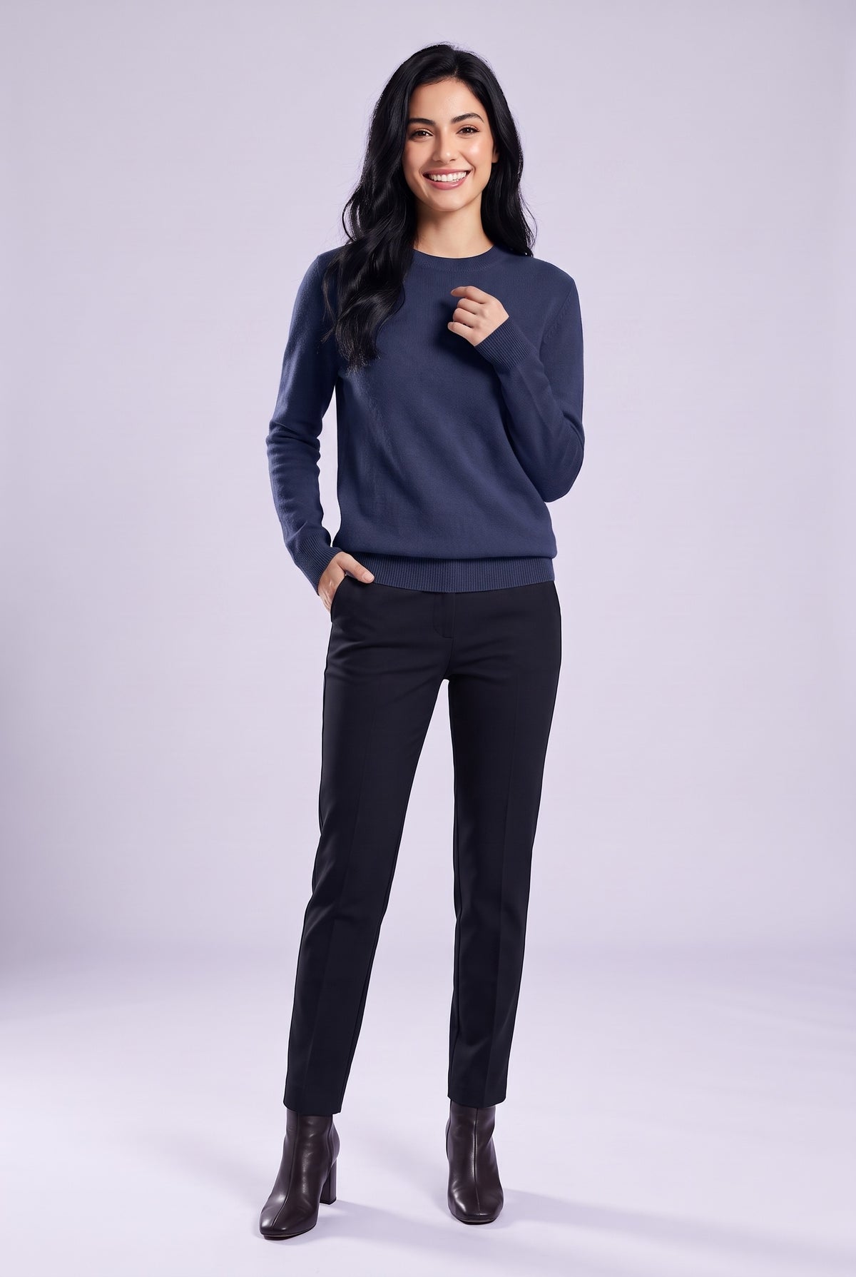 LEILANI Merino Wool Crew Neck Jumper in navy, front