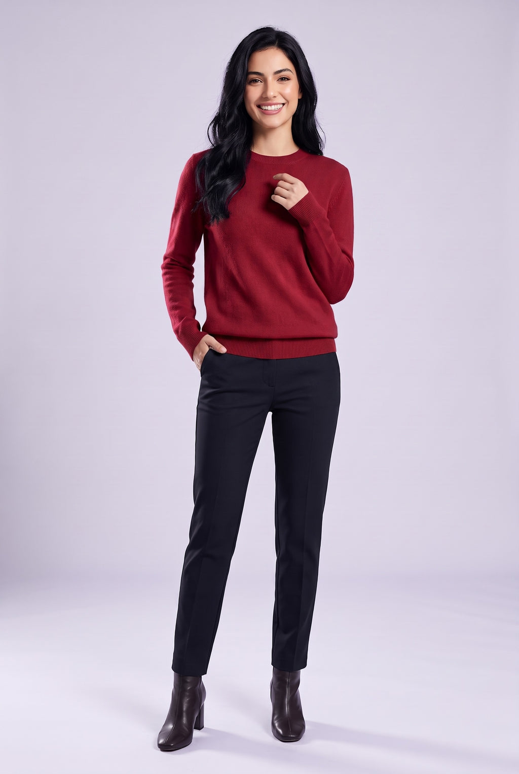 LEILANI Merino Wool Crew Neck Jumper in ruby red, front