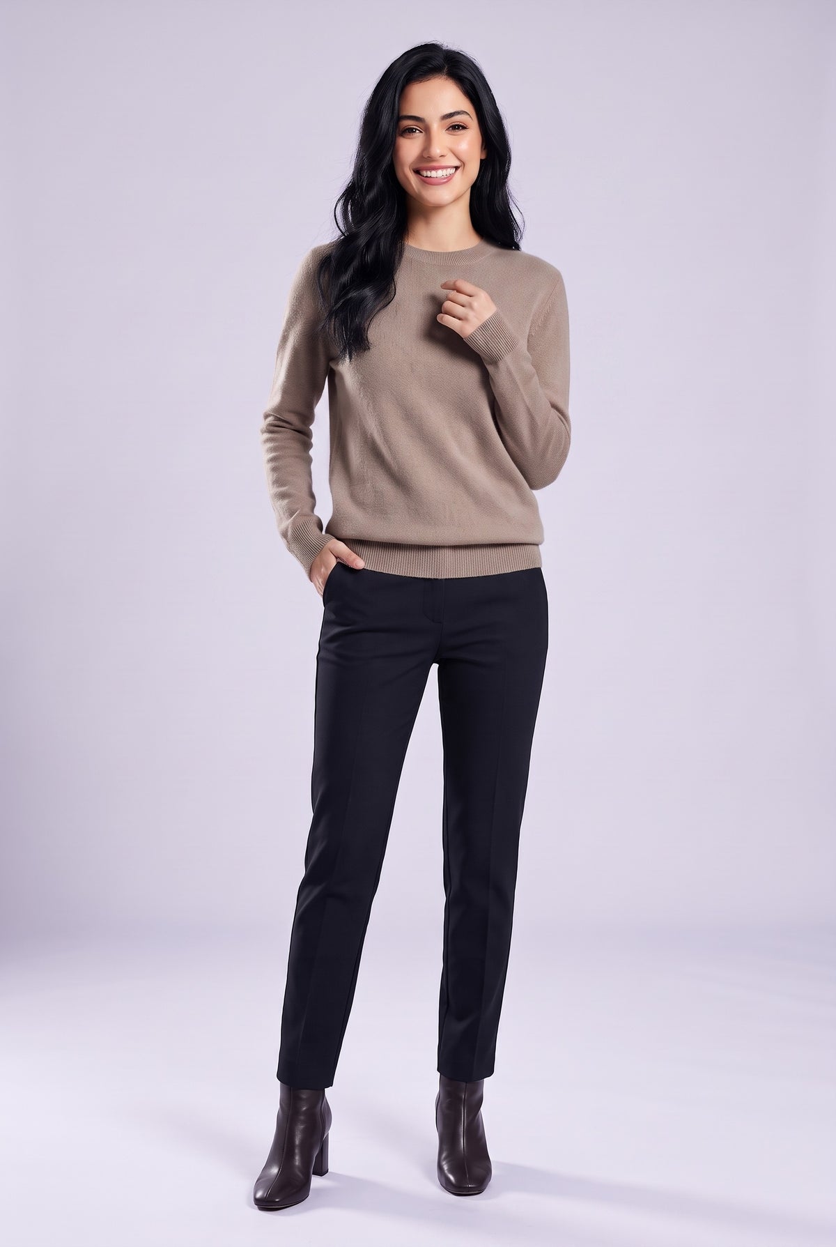 LEILANI Merino Wool Crew Neck Jumper in taupe, front