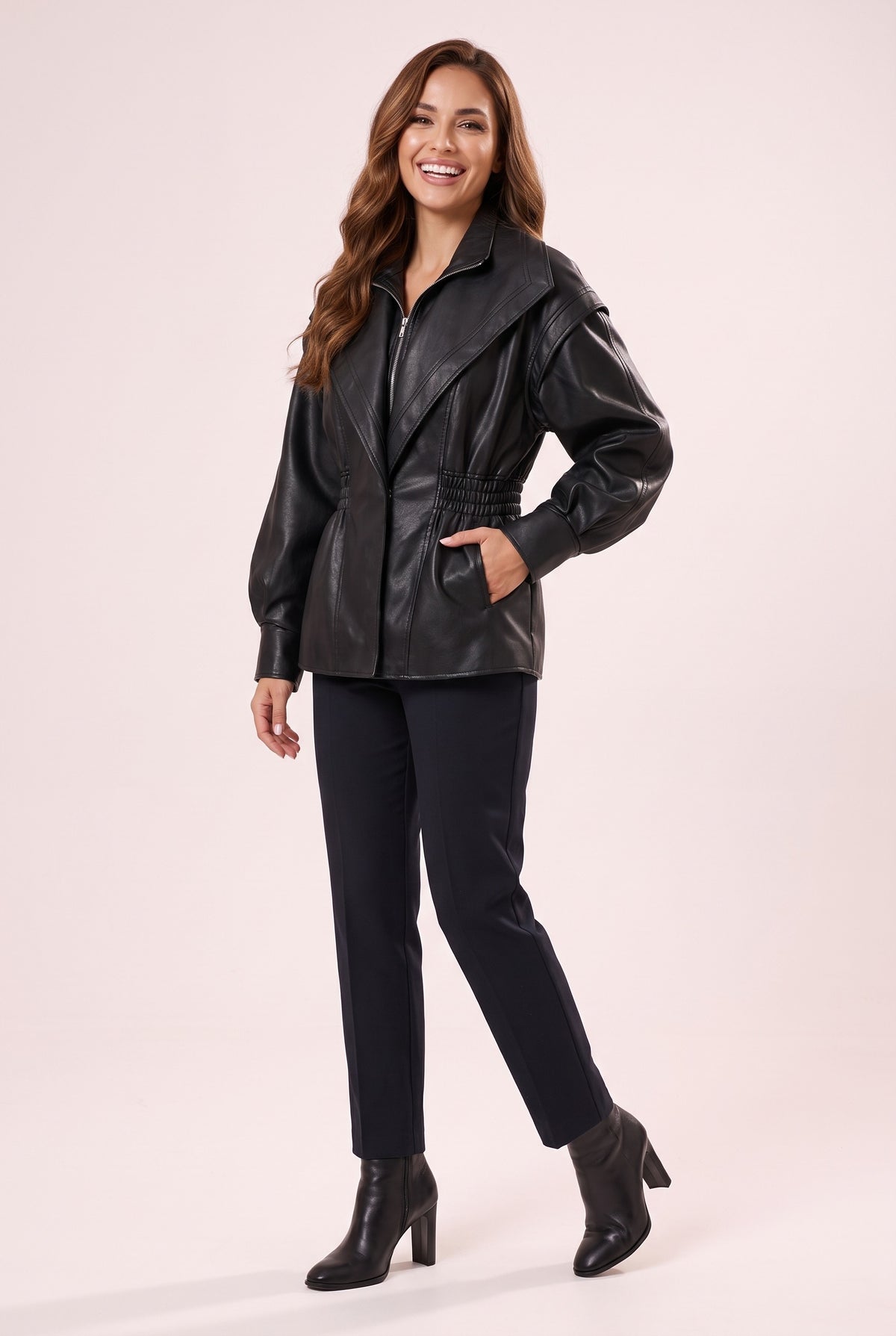 LENNON Faux Leather Peplum Jacket in black, front