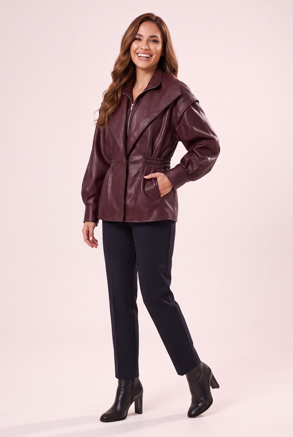 LENNON Faux Leather Peplum Jacket in wine, front