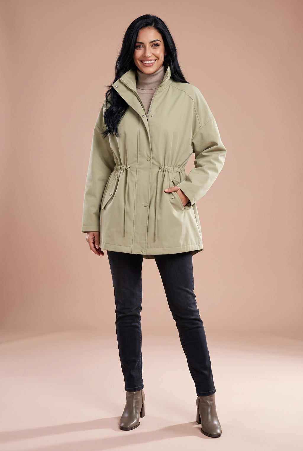 LONDON Funnel Neck Trench Jacket in green, front