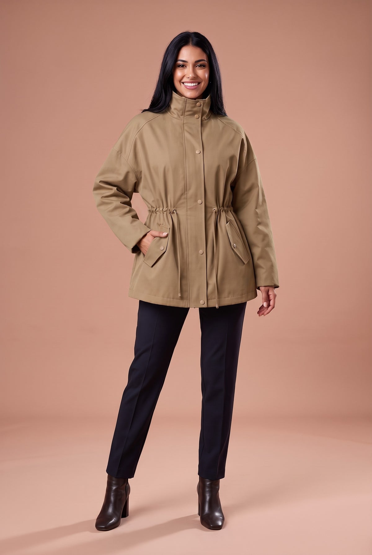 LONDON Funnel Neck Trench Jacket in khaki, front