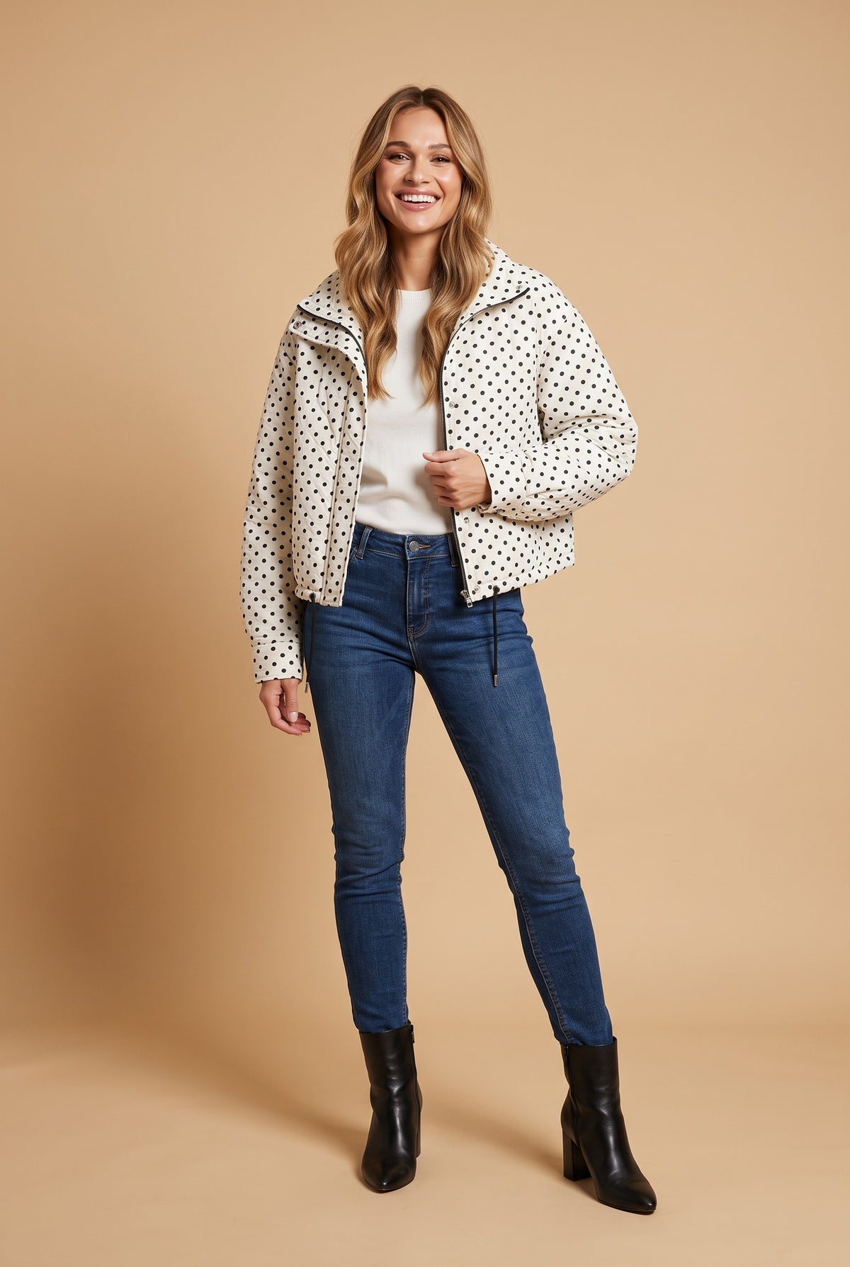 LOWRI Polka Dot Cropped Jacket in white polka dot, front