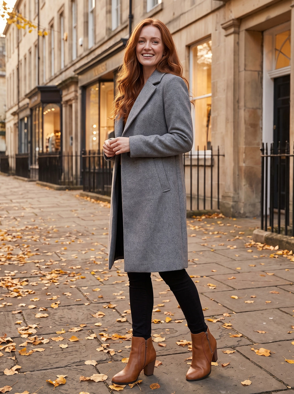 LUCINDA Block Heel Zip Ankle Boots in brown, worn full length