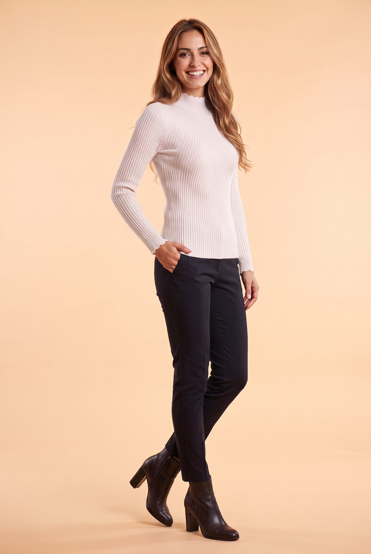 MAGNOLIA Ribbed Frill High Neck Jumper in white, front