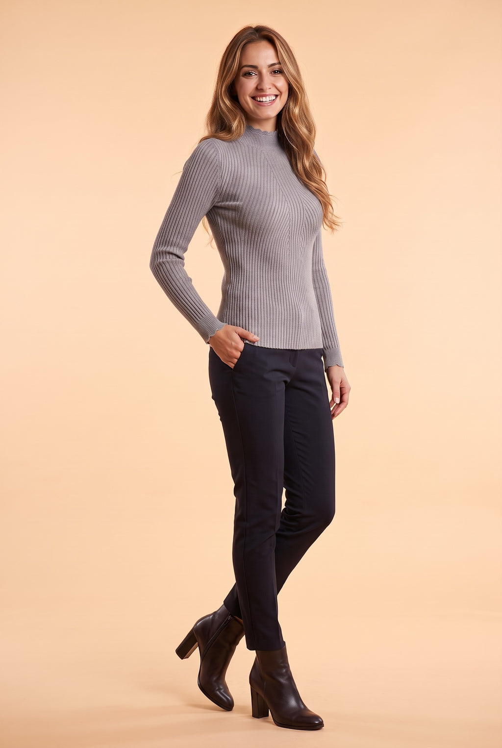MAGNOLIA Ribbed Frill High Neck Jumper in grey, front