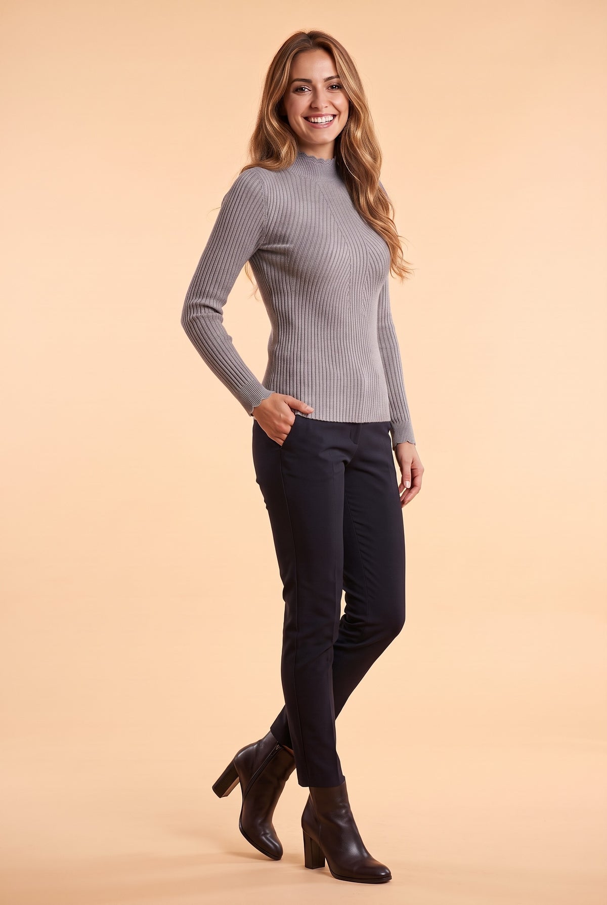 MAGNOLIA Ribbed Frill High Neck Jumper in grey, front