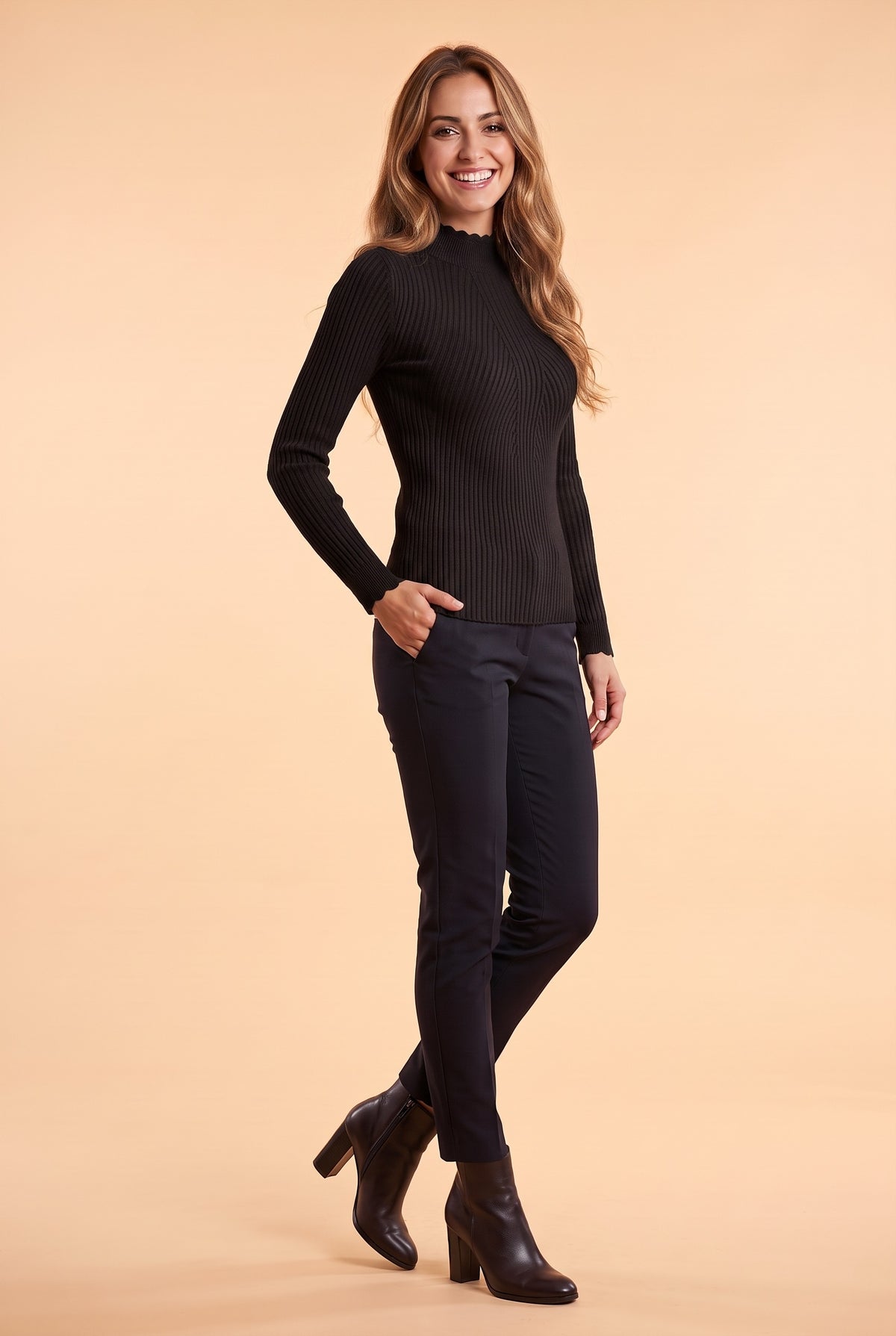 MAGNOLIA Ribbed Frill High Neck Jumper in black, front