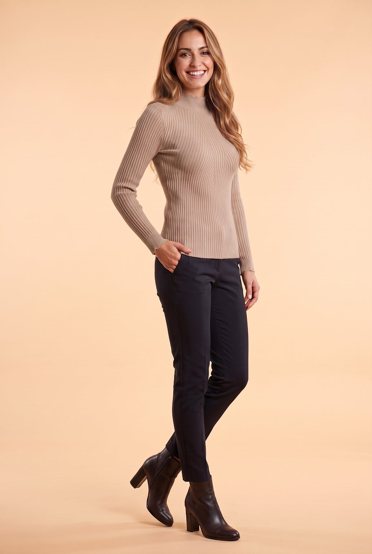 MAGNOLIA Ribbed Frill High Neck Jumper in khaki, front