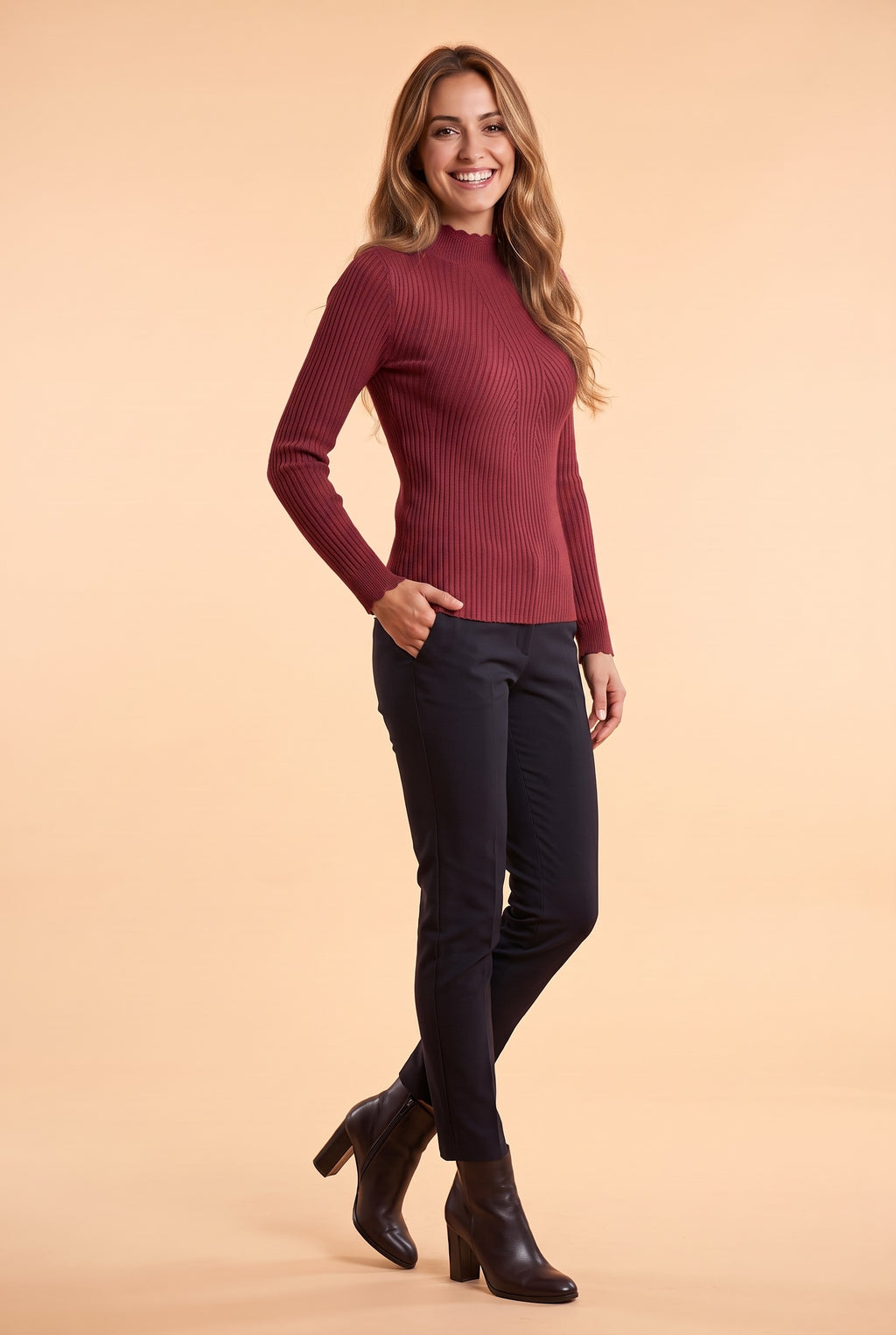 MAGNOLIA Ribbed Frill High Neck Jumper in burgundy, front
