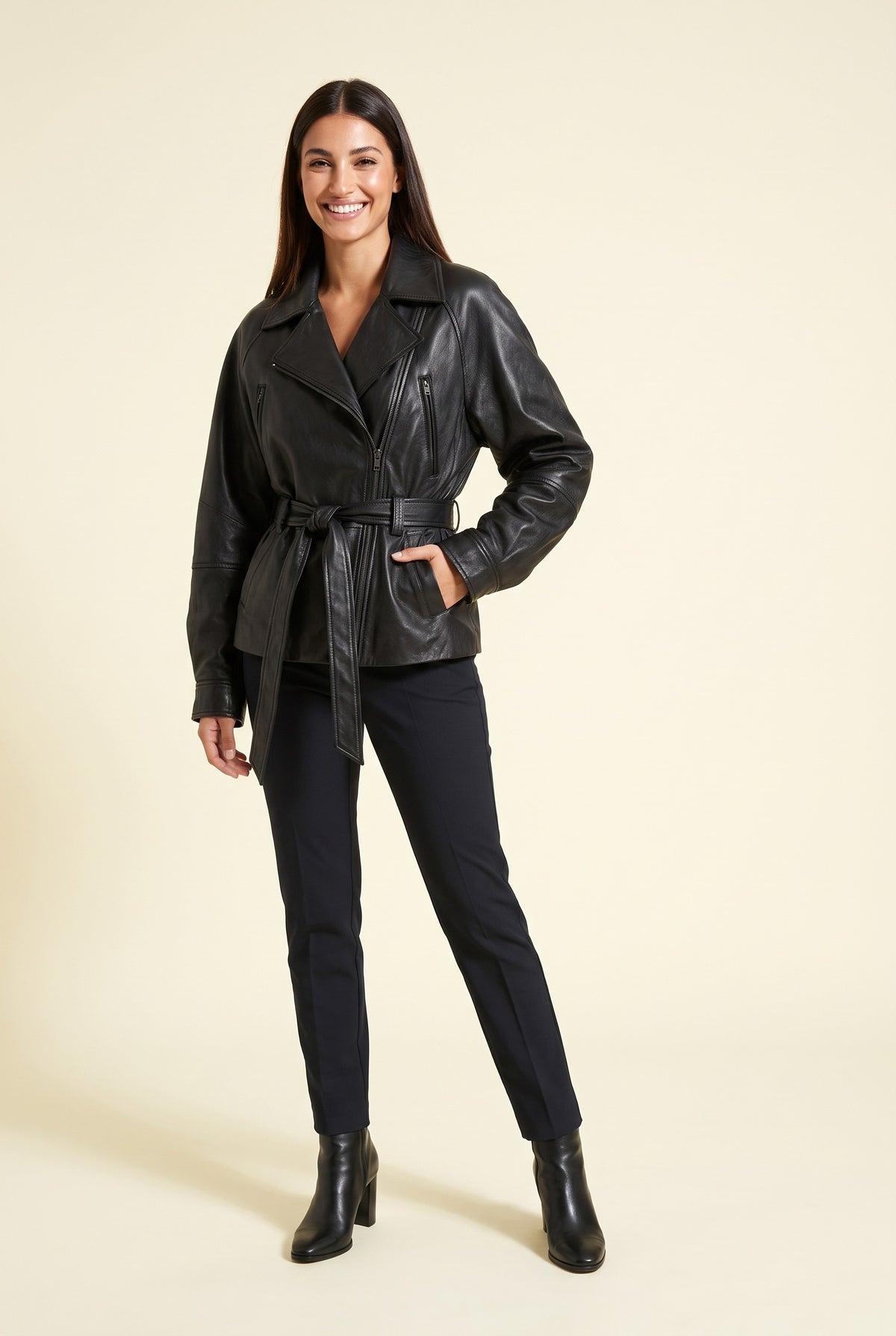 MAISIE Faux Leather Belted Biker Jacket in black, front