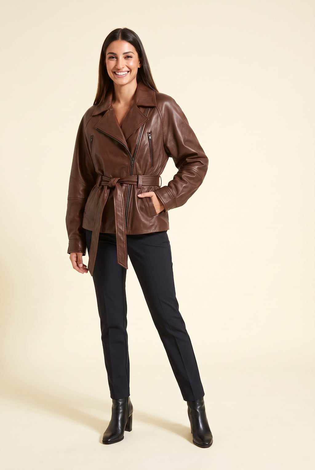 MAISIE Faux Leather Belted Biker Jacket in brown, front