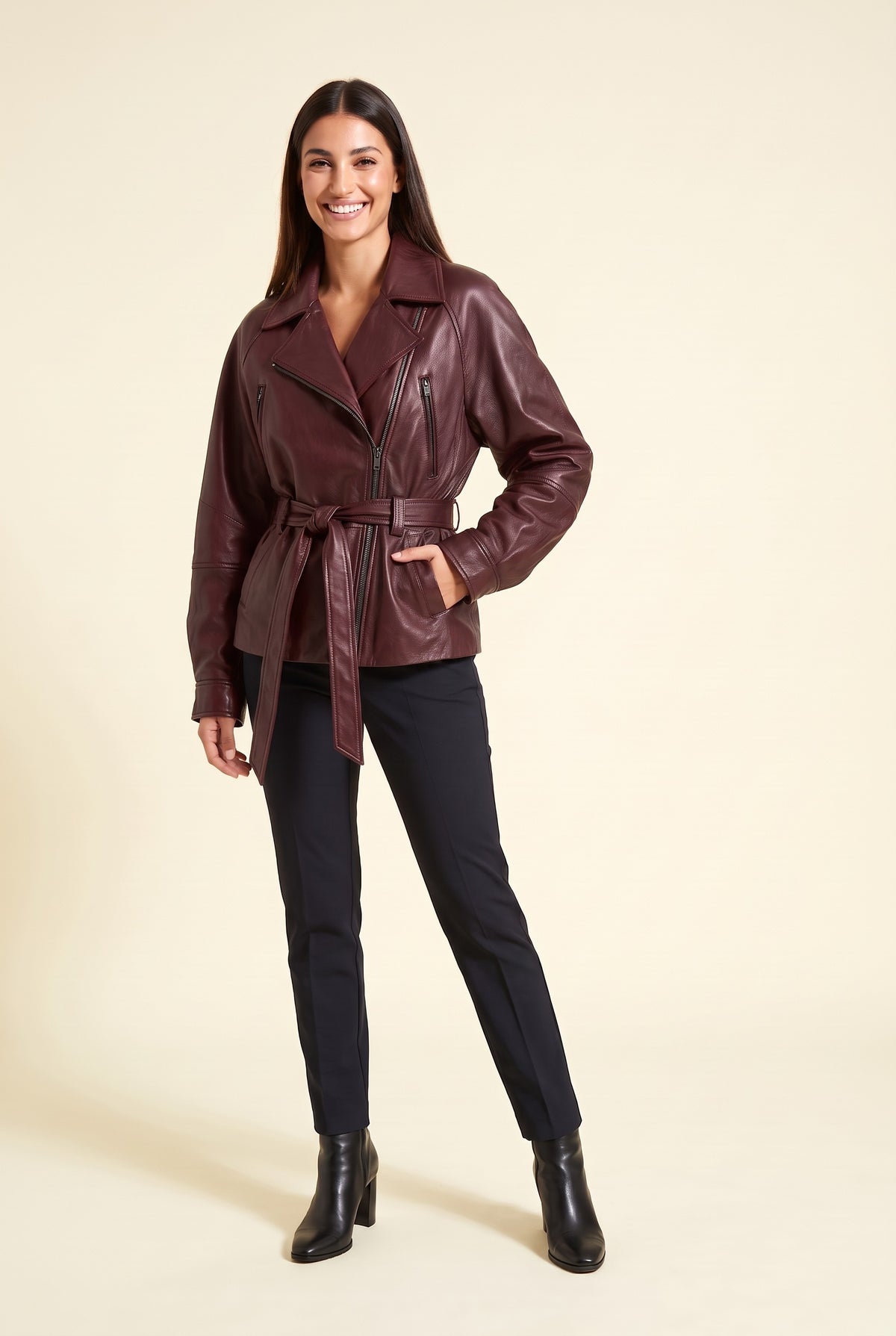 MAISIE Faux Leather Belted Biker Jacket in wine red, front