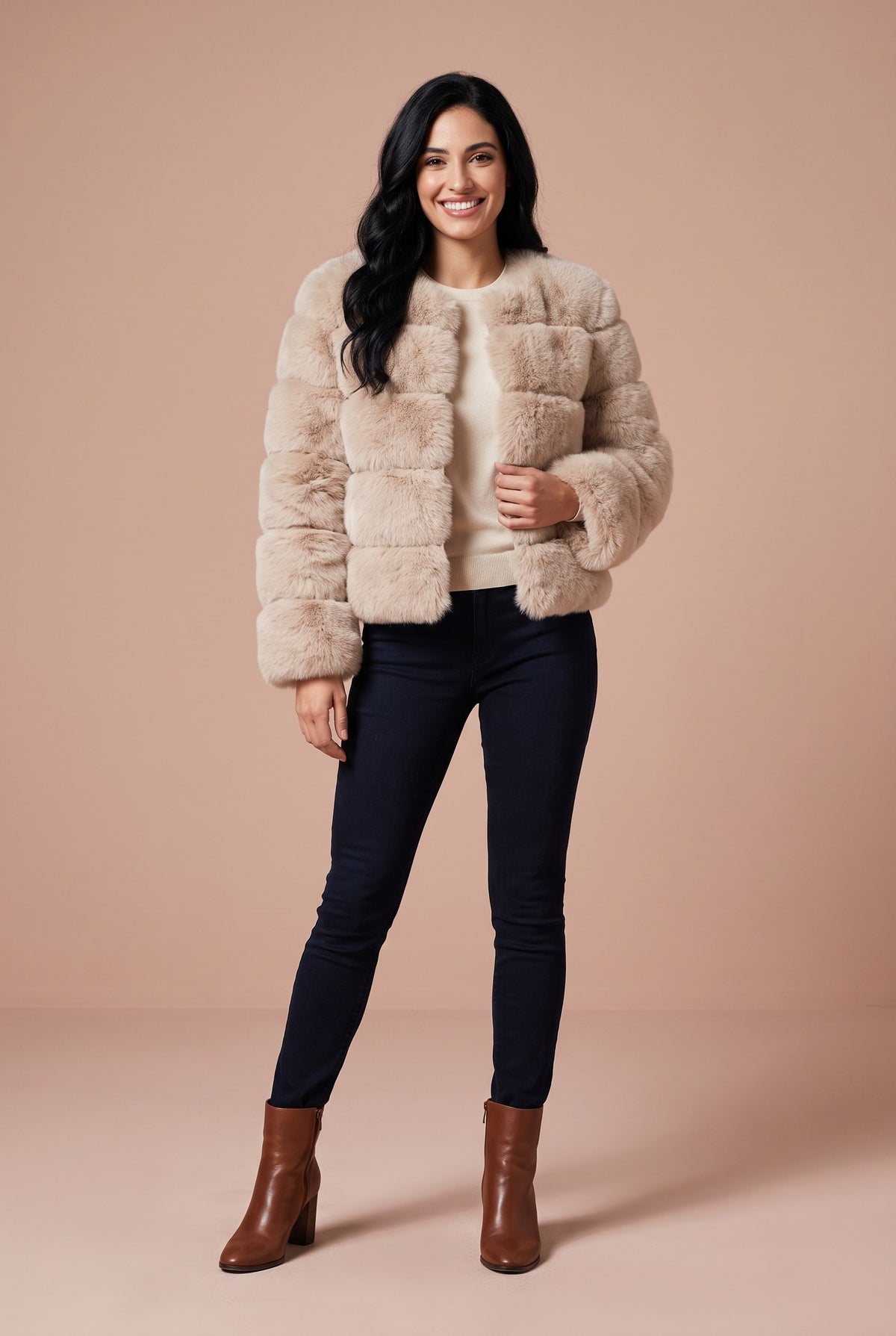 MAKENNA Short Faux Fur Coat in beige, front