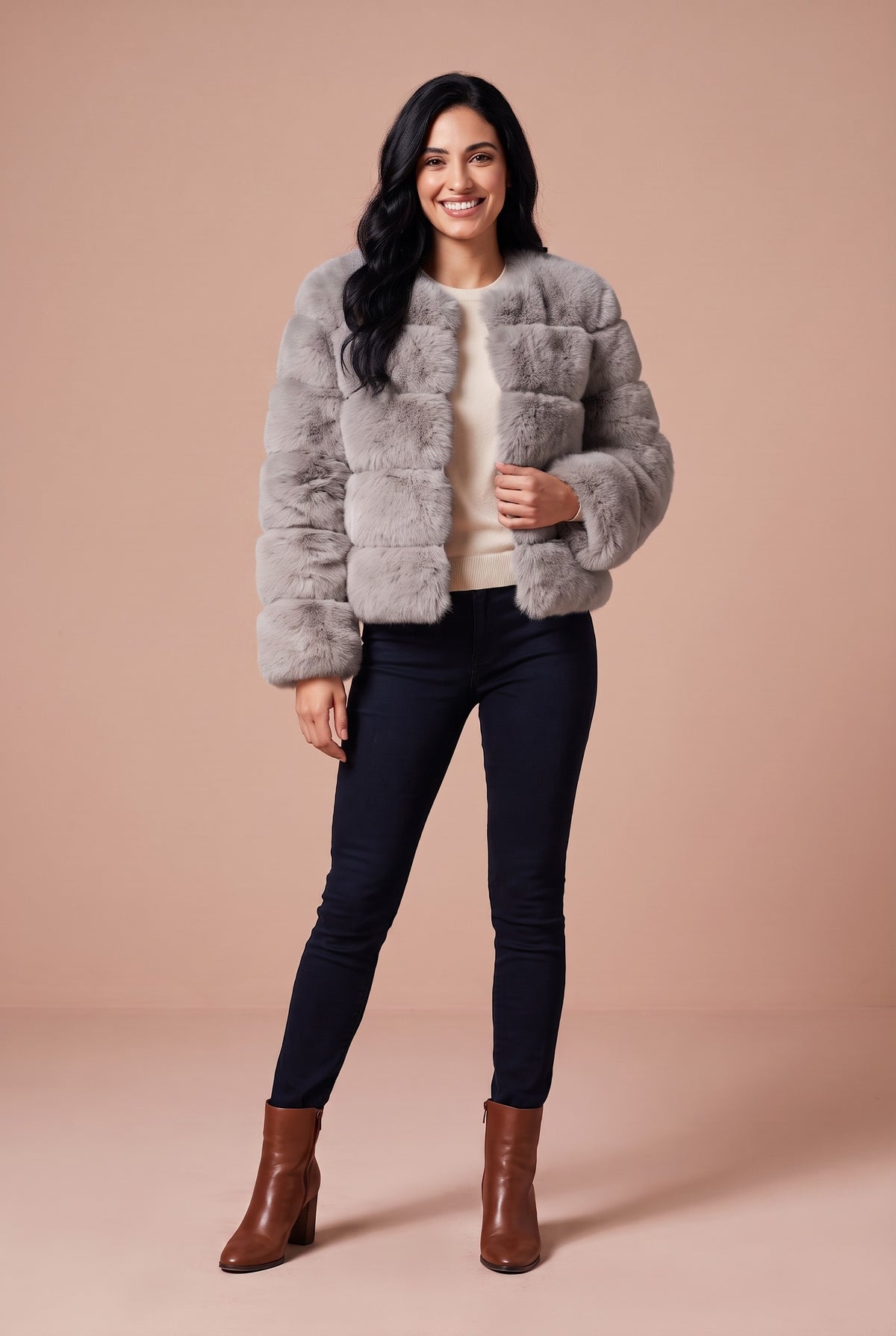 MAKENNA Short Faux Fur Coat in grey, front