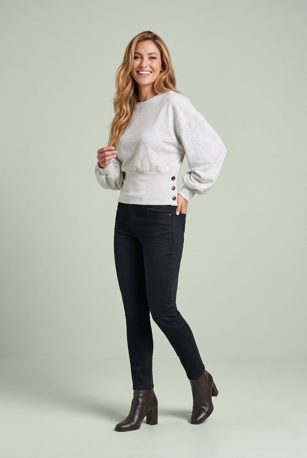 MALIA Cropped Balloon Sleeve Knit Top in light grey, front