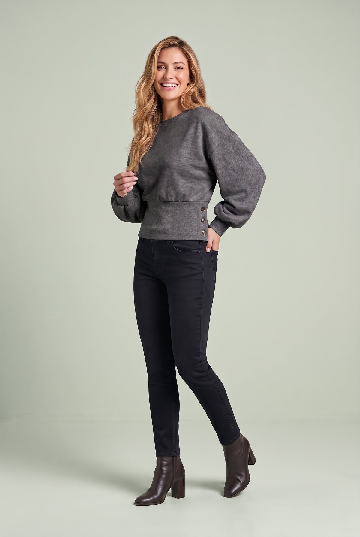 MALIA Cropped Balloon Sleeve Knit Top in dark grey, front