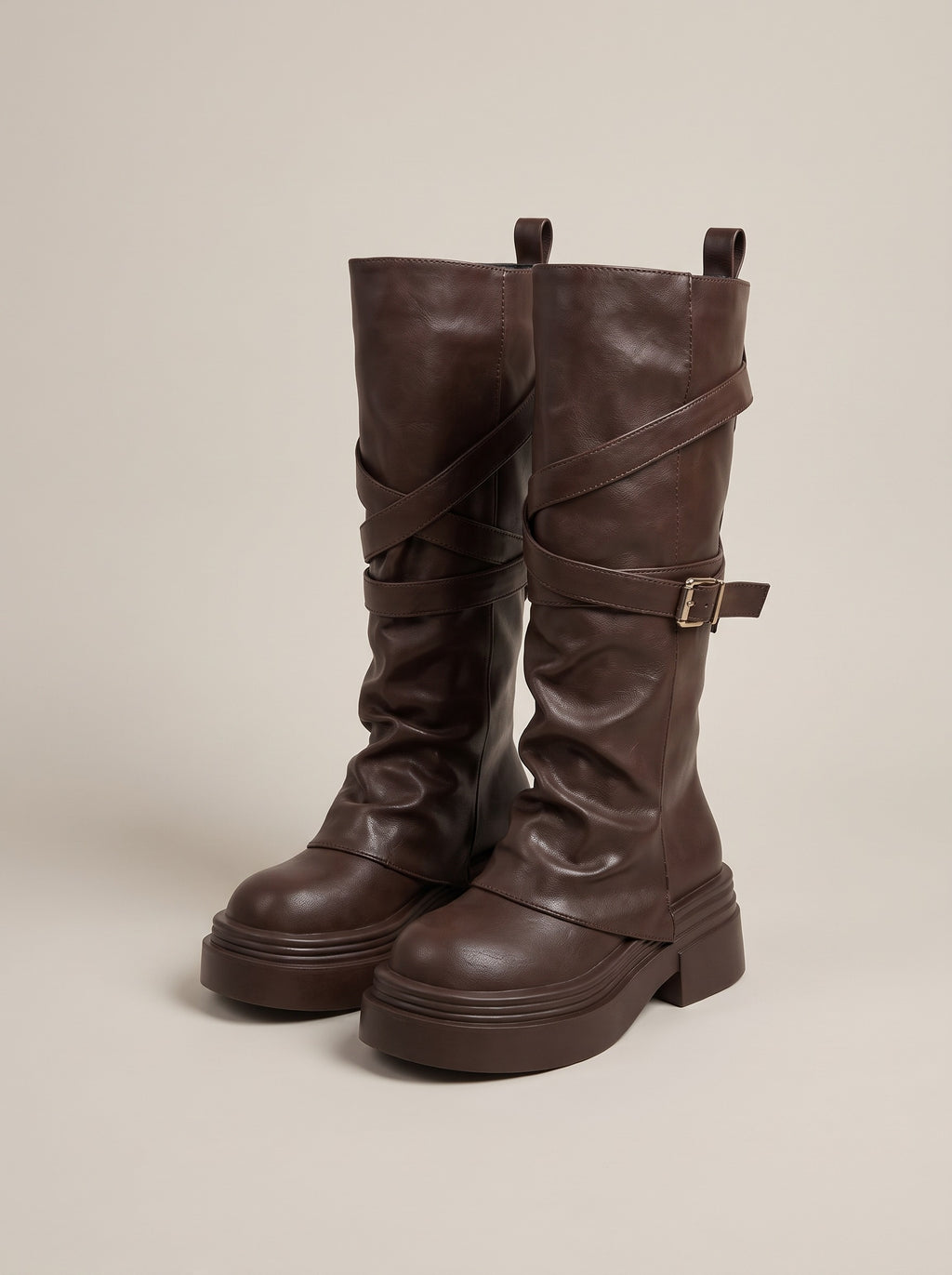 MARGO Slouch Buckle Platform Mid Calf Boots in brown, front