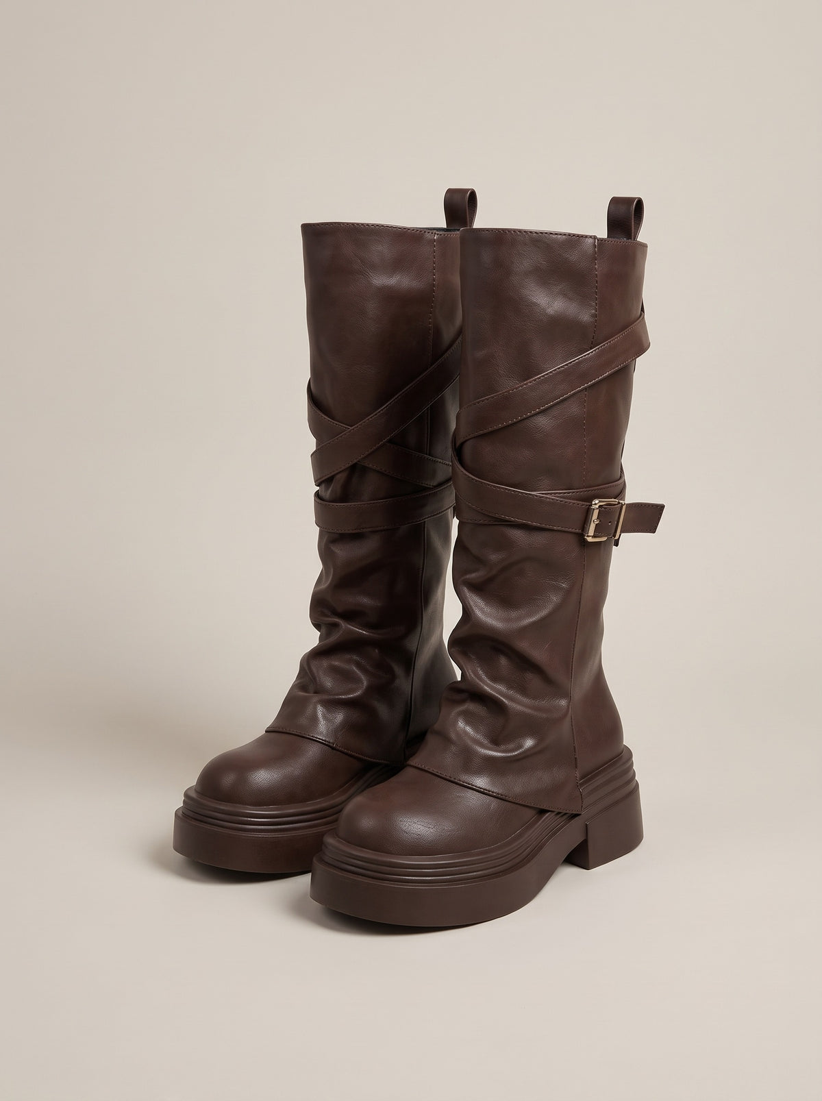 MARGO Slouch Buckle Platform Mid Calf Boots in brown, front