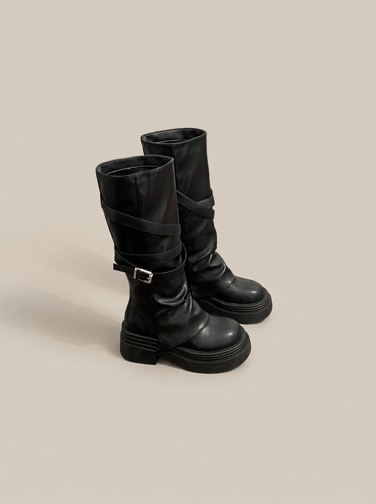 MARGO Slouch Buckle Platform Mid Calf Boots in black, front