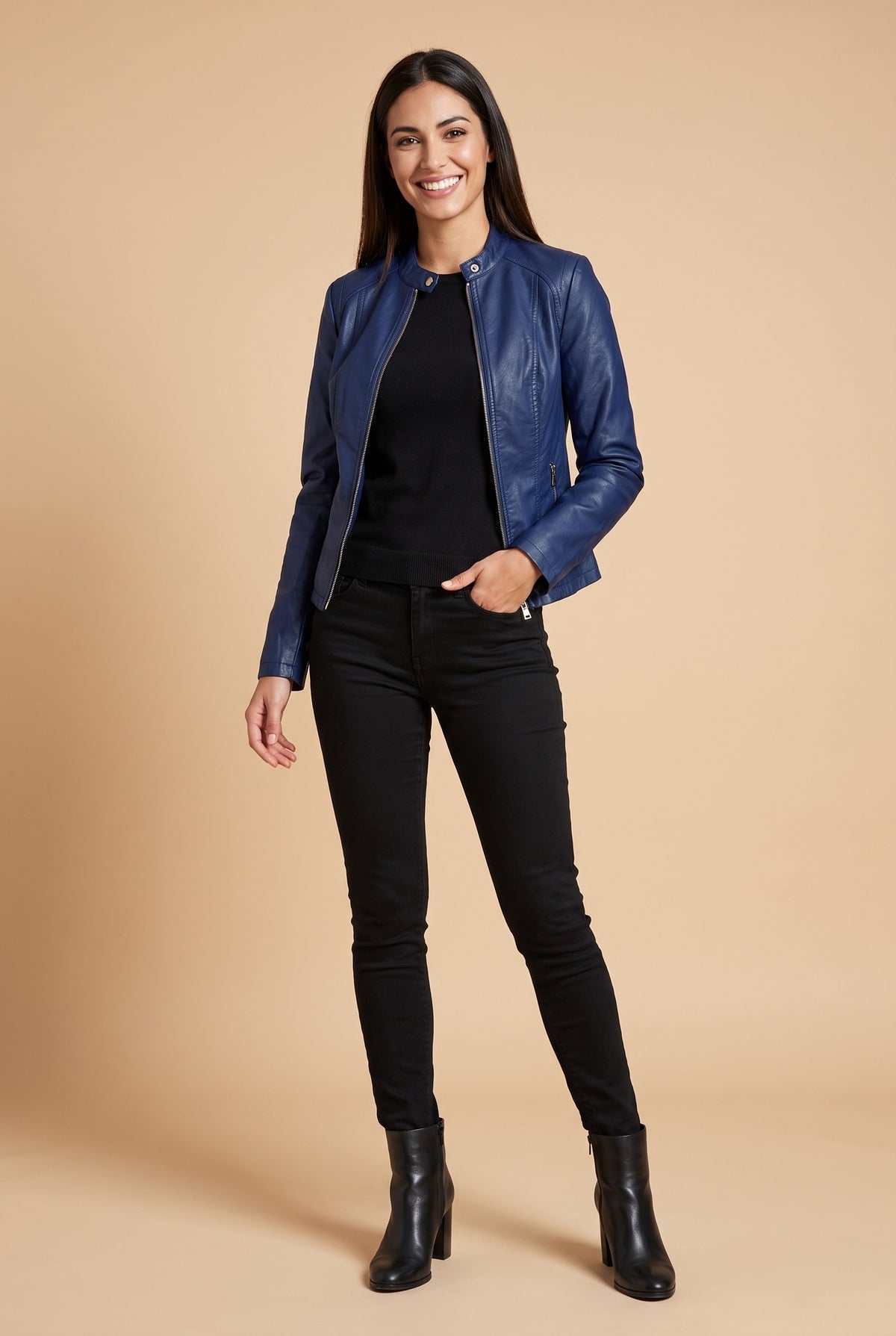 MERRYN Faux Leather Fitted Zip Biker Jacket in navy, front
