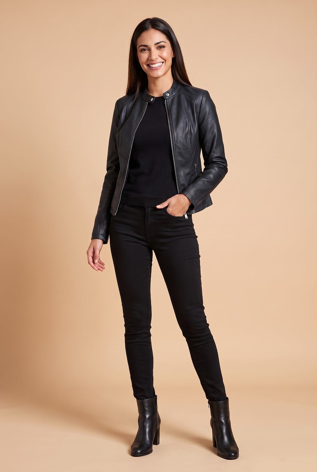 MERRYN Faux Leather Fitted Zip Biker Jacket in black, front