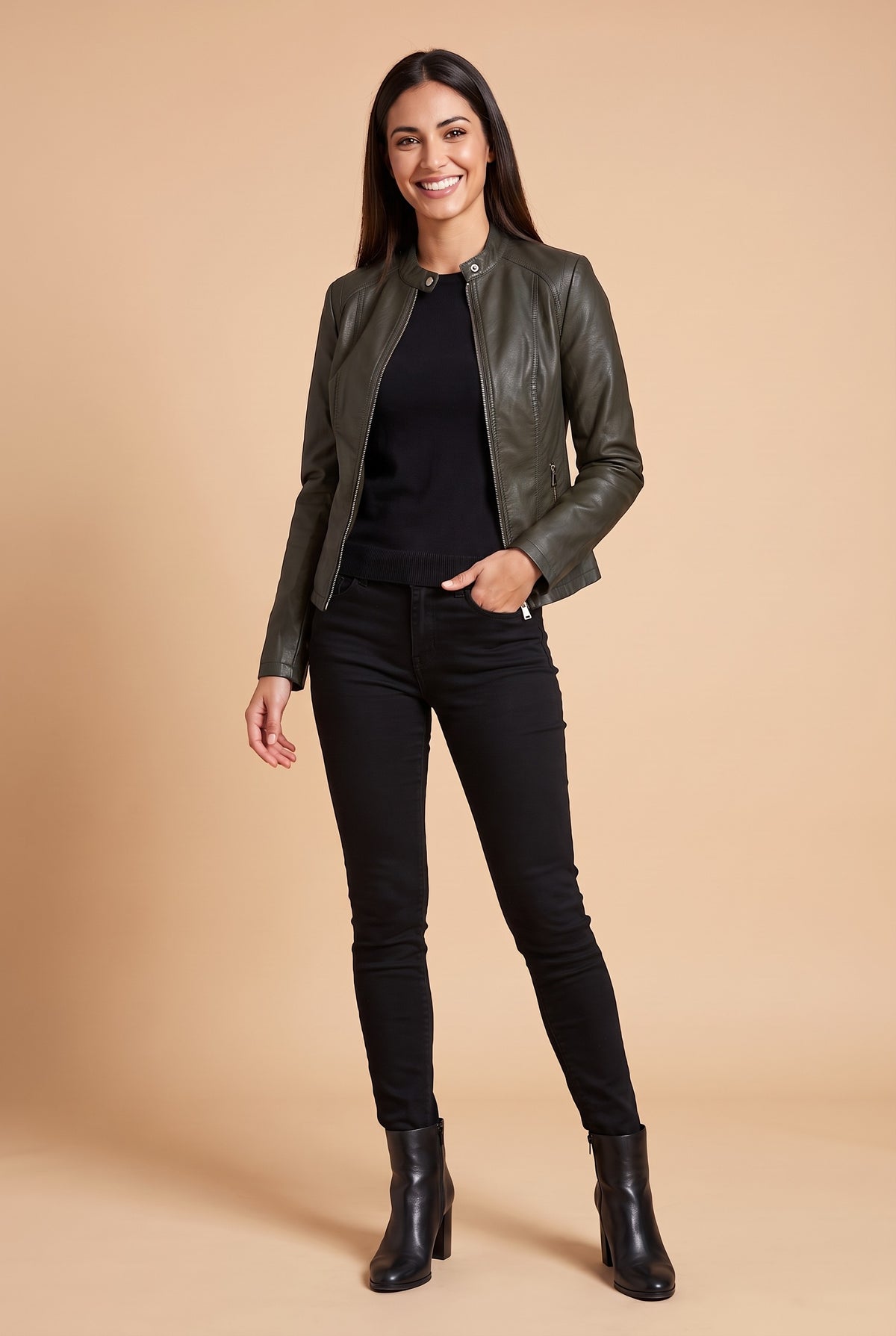 MERRYN Faux Leather Fitted Zip Biker Jacket in army green, front