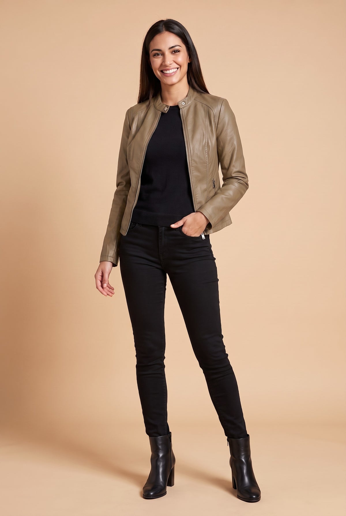 MERRYN Faux Leather Fitted Zip Biker Jacket in khaki, front