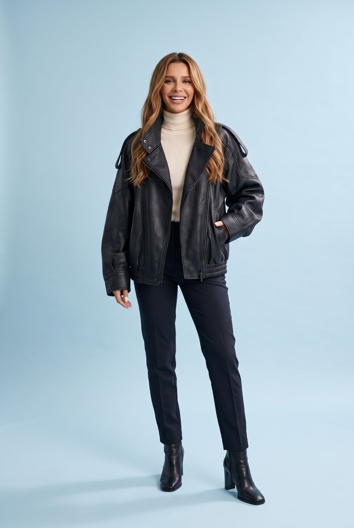 MILLIE Oversized Long Faux Leather Jacket in black, front