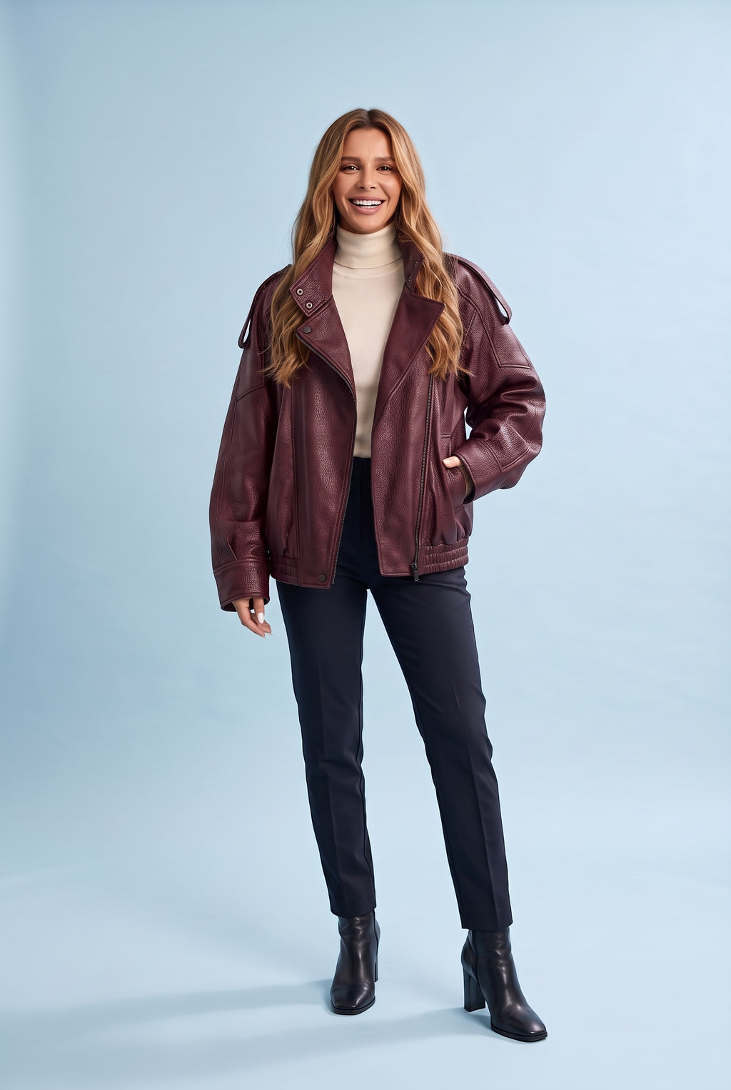 MILLIE Oversized Long Faux Leather Jacket in wine red, front